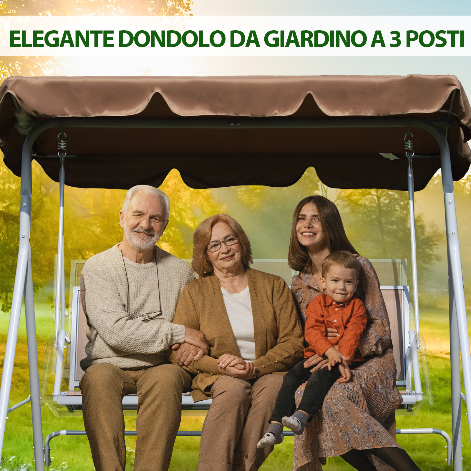 Una famiglia di quattro persone seduta su un'altalena da giardino con sfondo sfocato.