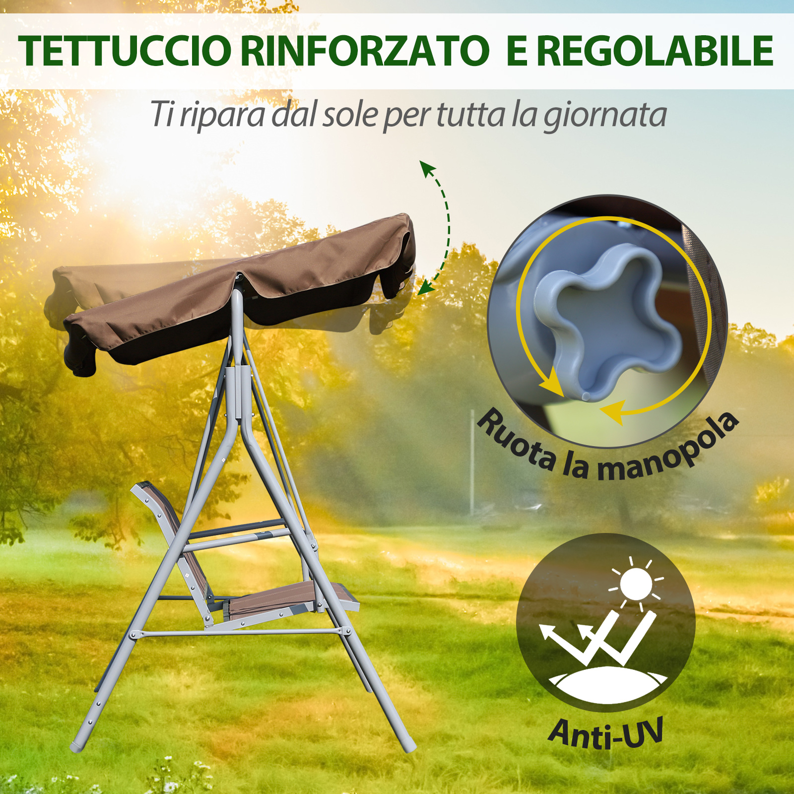 Una tettoia marrone su un dondolo con telaio argentato all'aperto. Include tettoia regolabile, manopola e protezione UV.