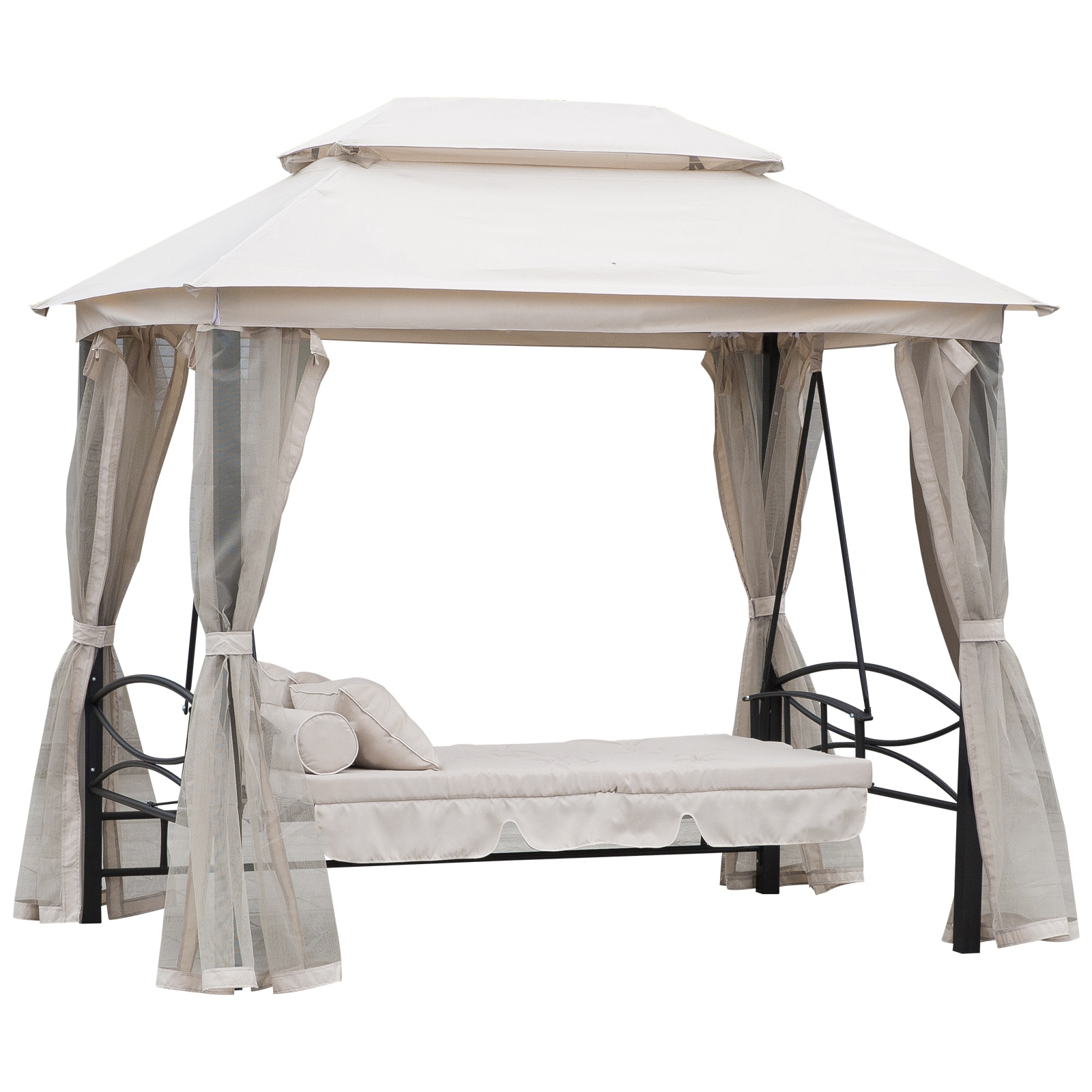 Un gazebo beige con daybed e cuscini, circondato da tende trasparenti.