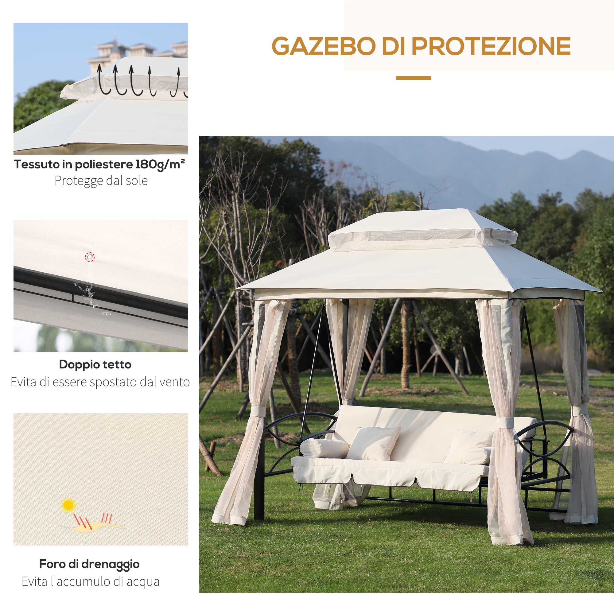 Un gazebo beige con panca a dondolo su prato verde con alberi sullo sfondo.
