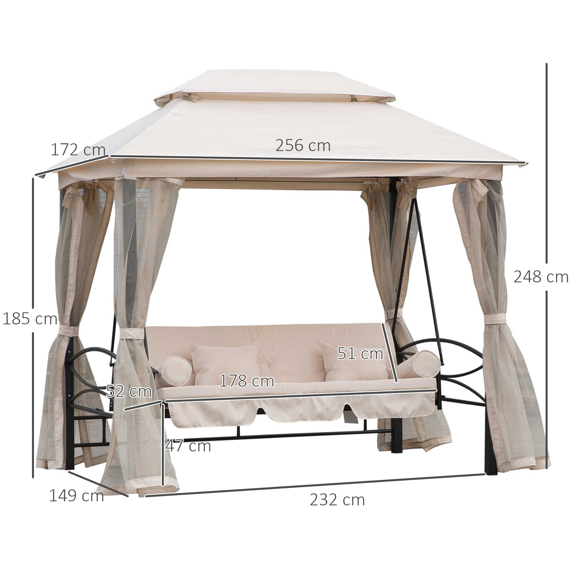 Un'altalena da giardino color beige con tettoia e tende, dimensioni indicate.