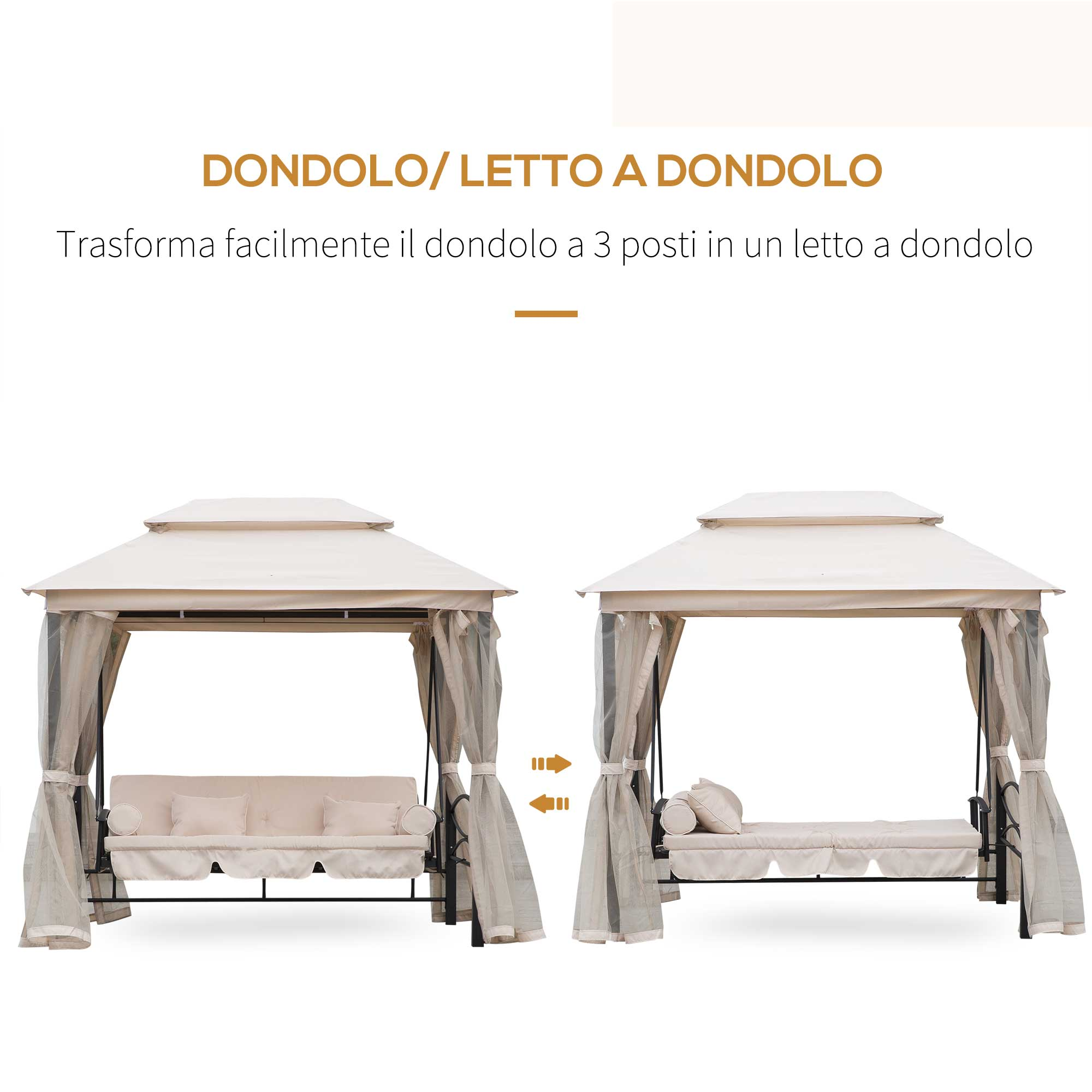 Un sedile a dondolo beige trasformato in un letto a dondolo.
