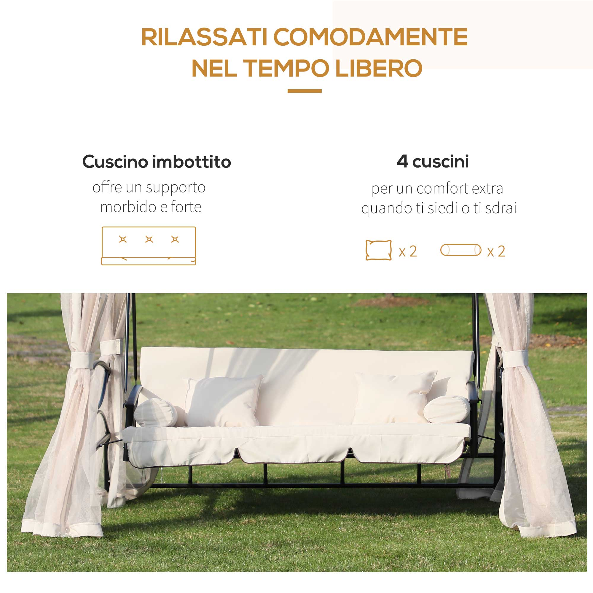 Un sedile a dondolo bianco con cuscino e schienale, all'aperto sull'erba.