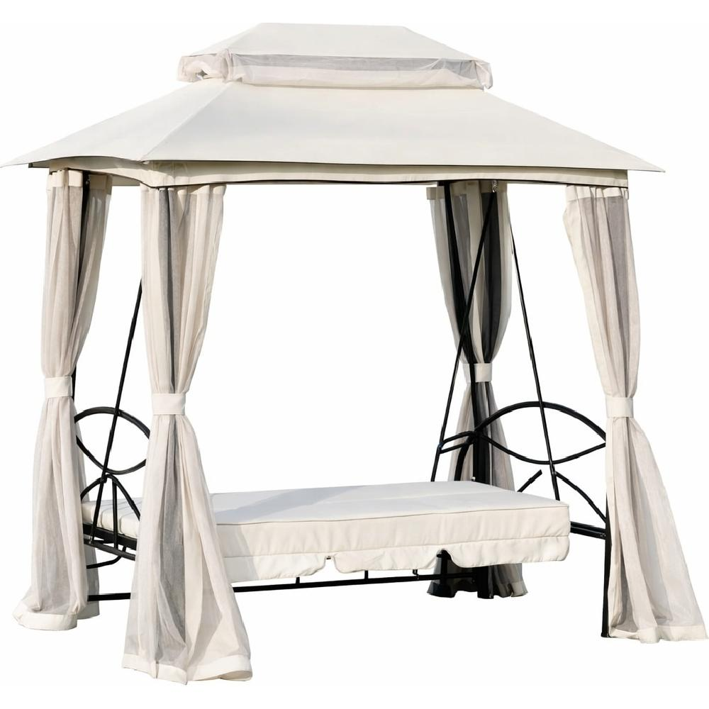 Un gazebo bianco con tende e sedile.