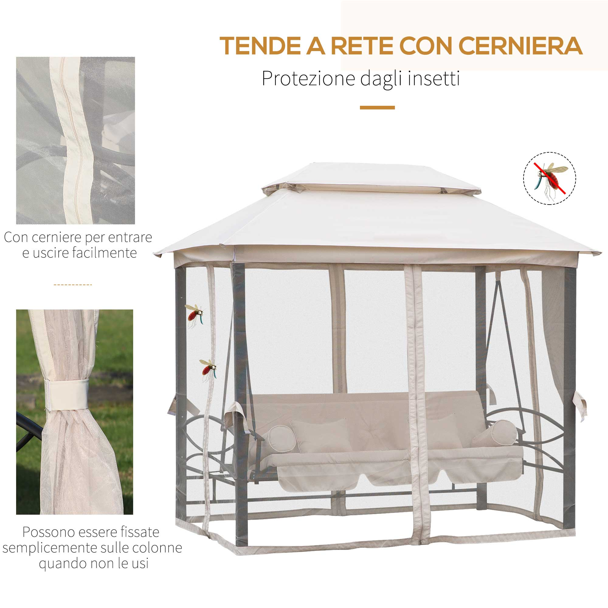 Un gazebo con zanzariere, dotato di cerniere per un facile accesso.