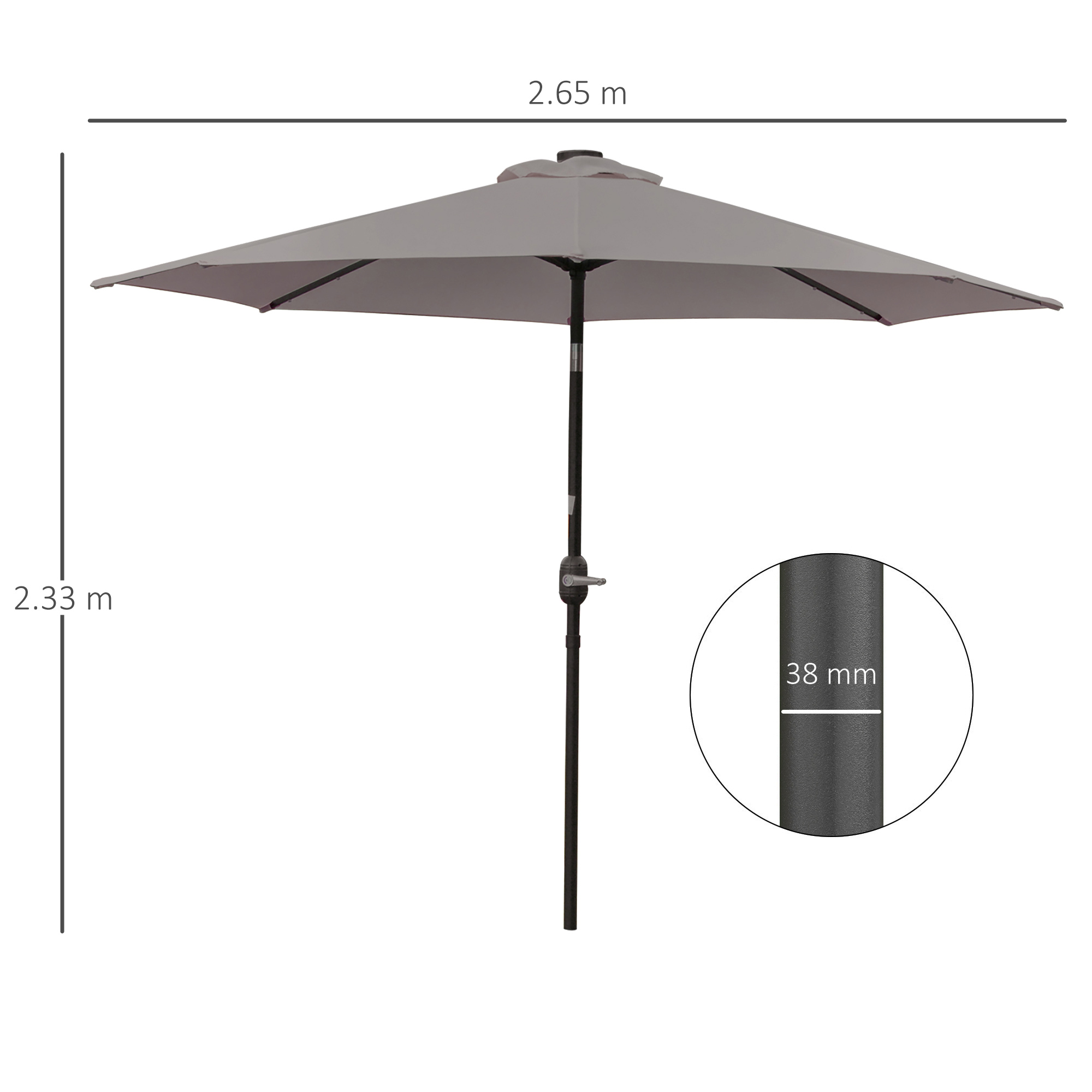 Un ombrellone da esterno grigio mostrato con dimensioni di 2,65 m di larghezza e 2,33 m di altezza.