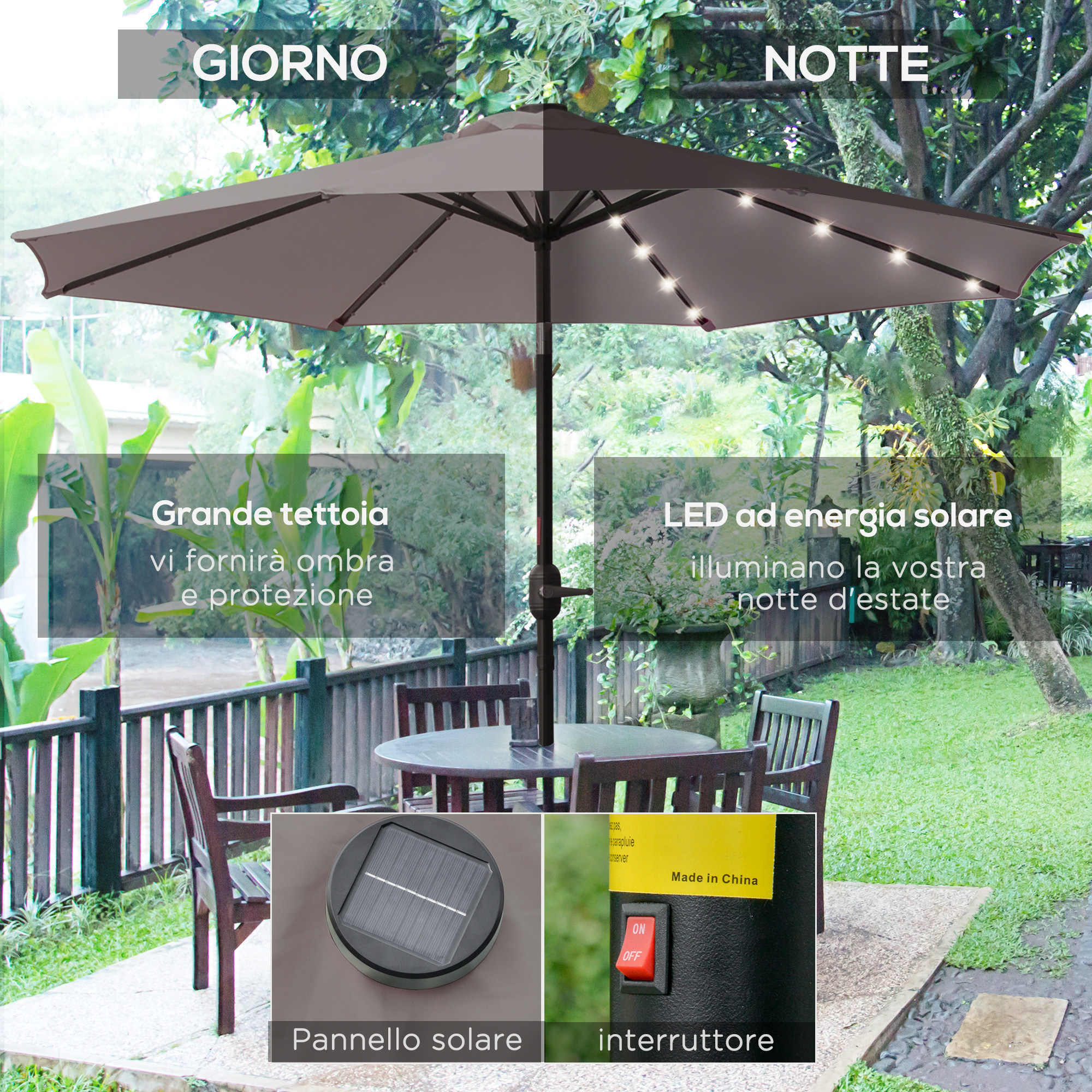 Ombrellone da esterno con luci LED, pannello solare e interruttore. Giorno e notte.