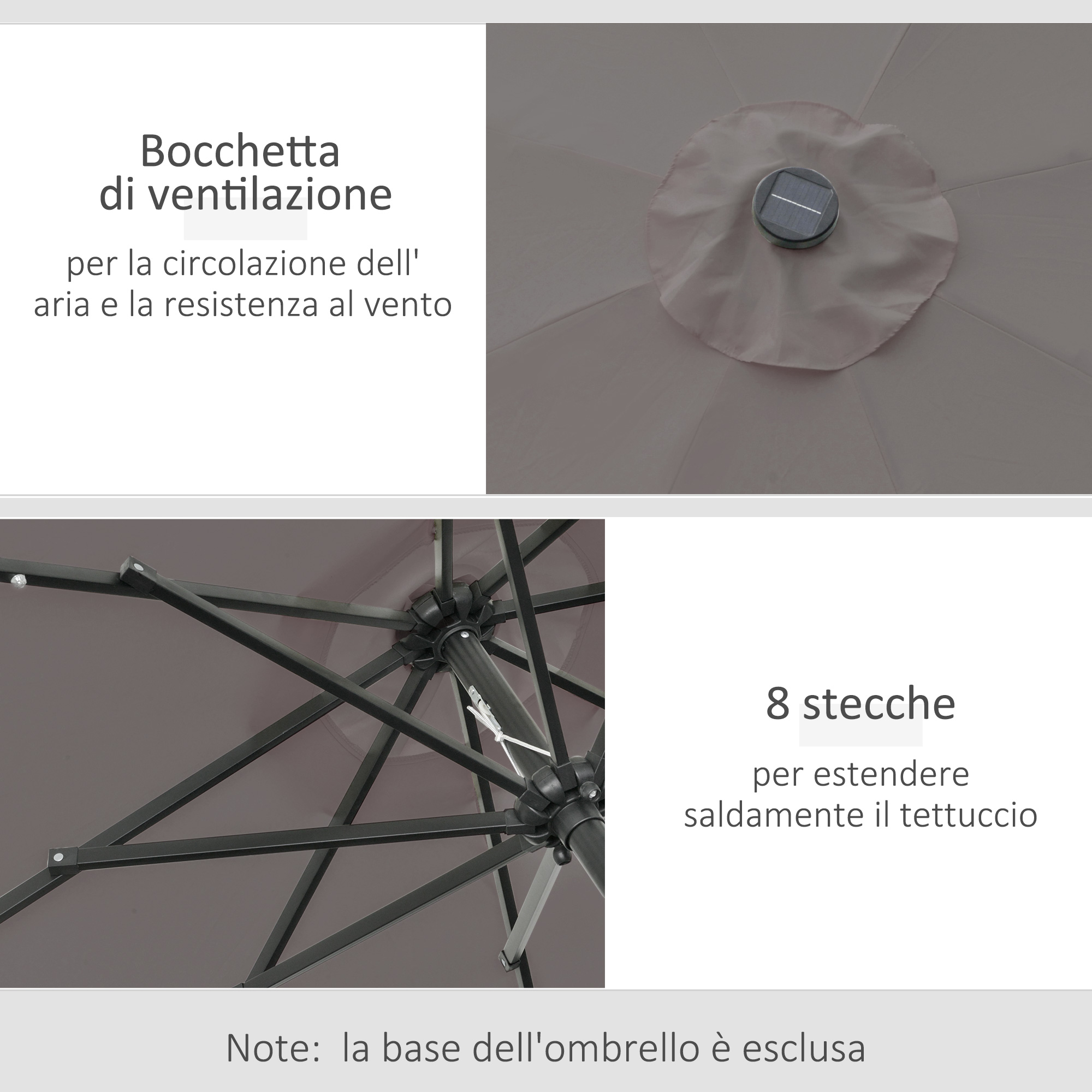 Un ombrellone da esterno con otto stecche e ventilazione.