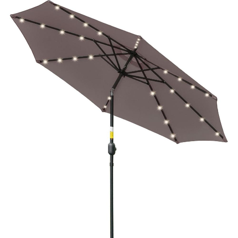 Un ombrellone da esterno grigio con luci LED bianche lungo le stecche è mostrato su sfondo bianco.