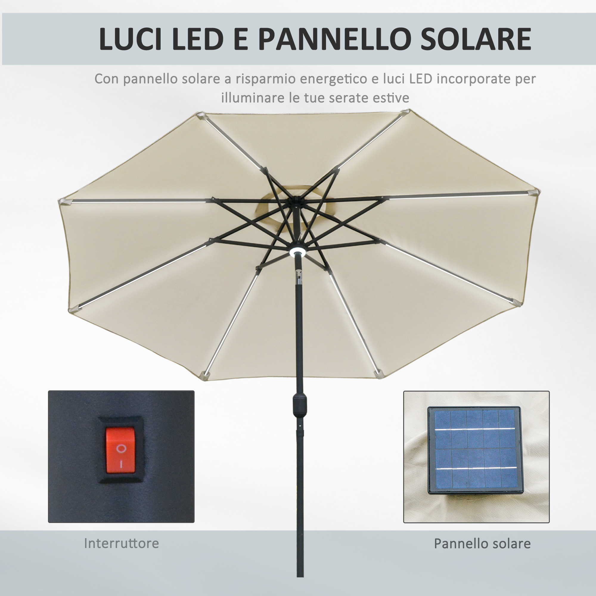 Un ombrellone beige con luci LED, interruttore e pannello solare.