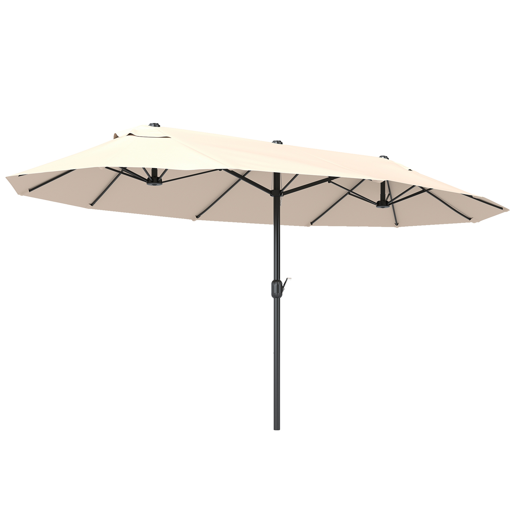 Un ombrellone rettangolare beige con telaio nero, isolato.