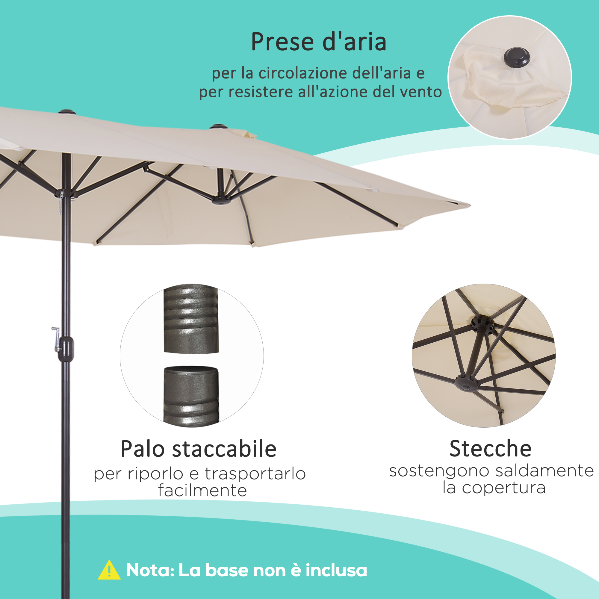 Ombrellone beige con palo staccabile e stecche. Prese d'aria in alto.