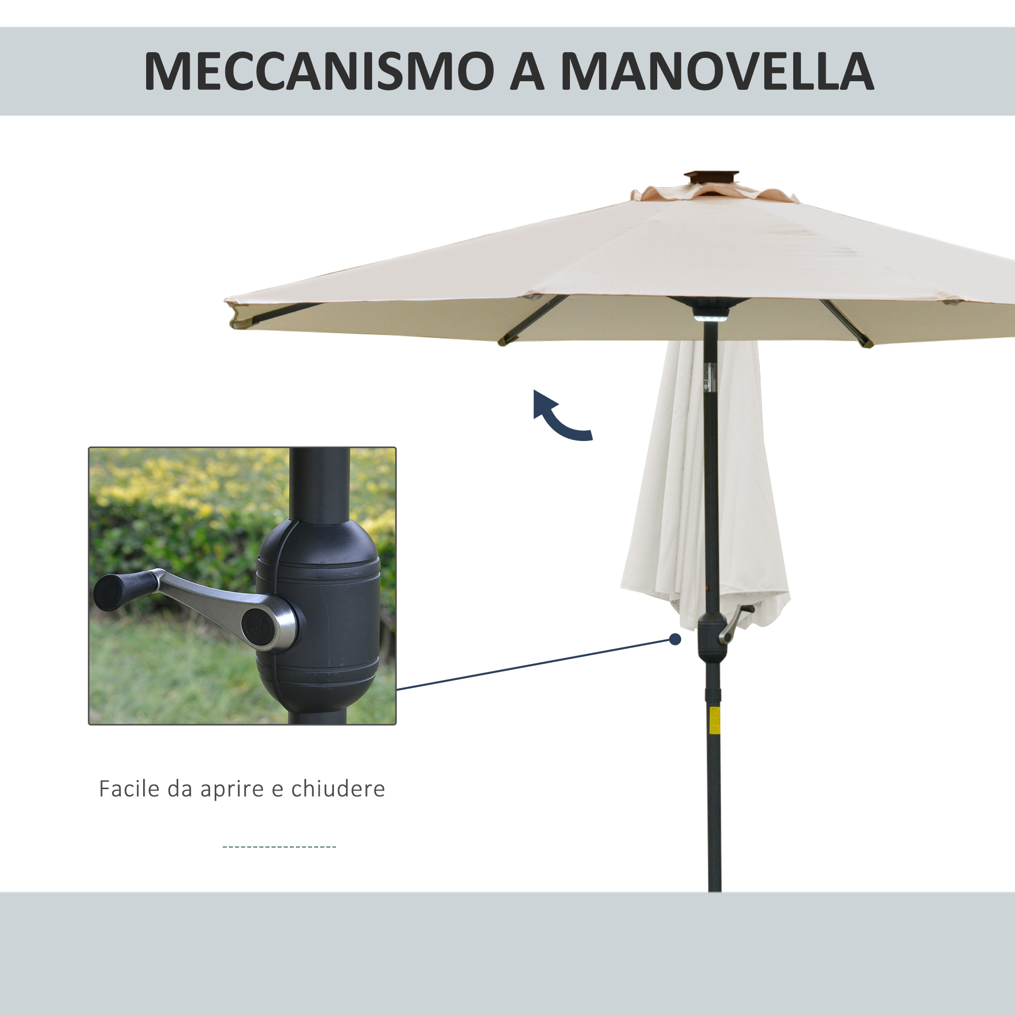 Un ombrellone beige con meccanismo a manovella, mostrato in dettaglio e intero.
