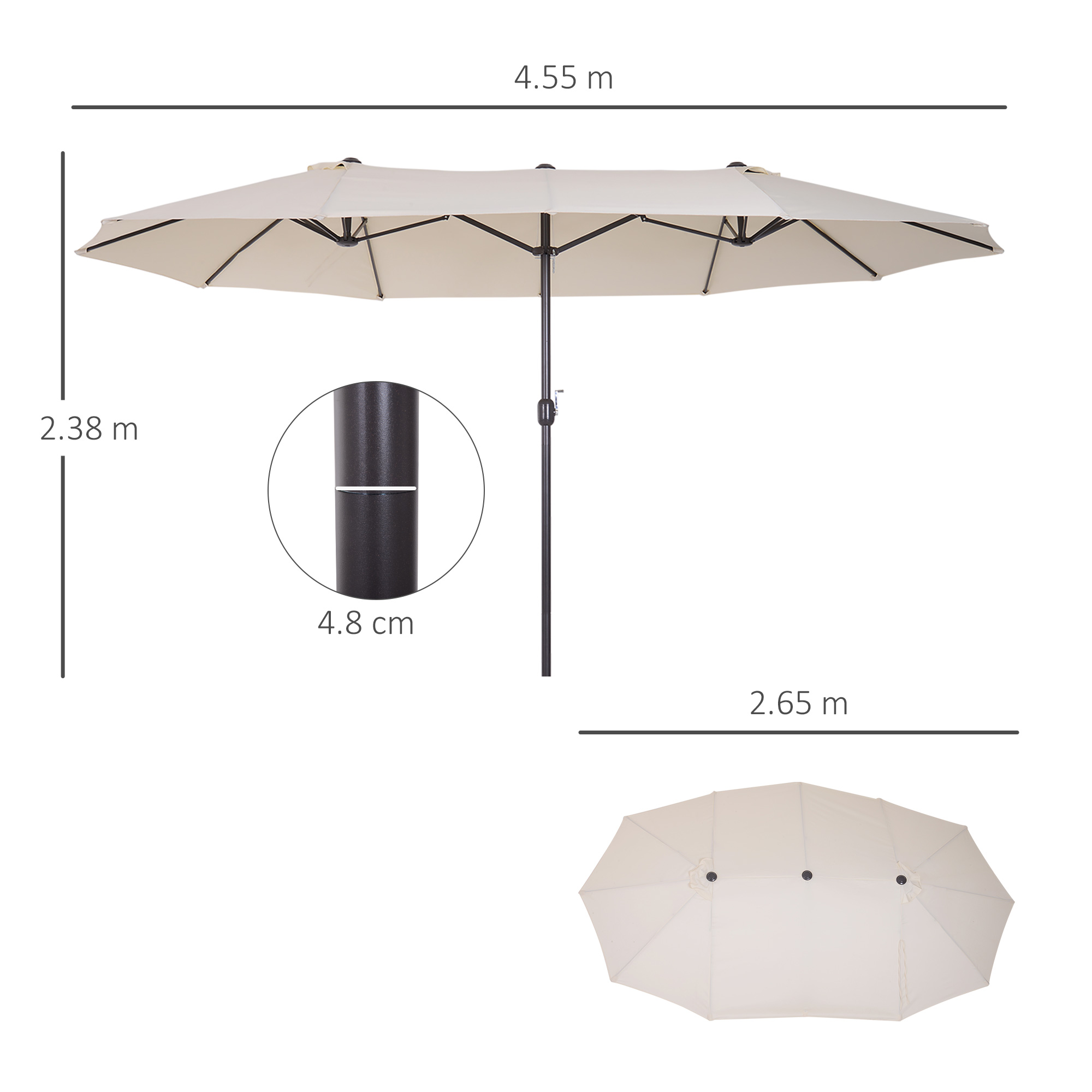 Ombrellone da esterno beige con palo in metallo, dimensioni 4,55m larghezza, 2,38m altezza.