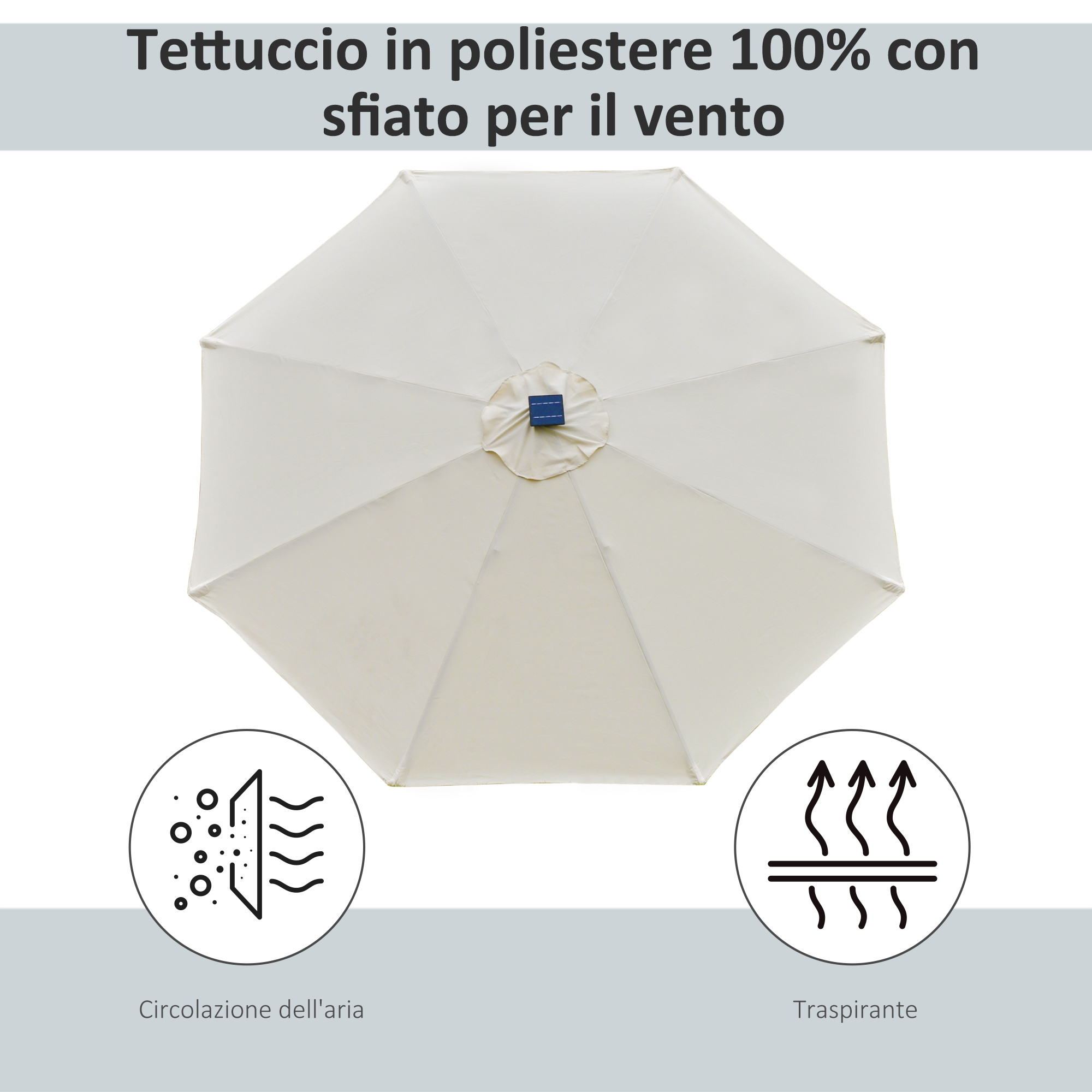 Tettuccio parasole in poliestere beige chiaro con sfiato e icone aria.