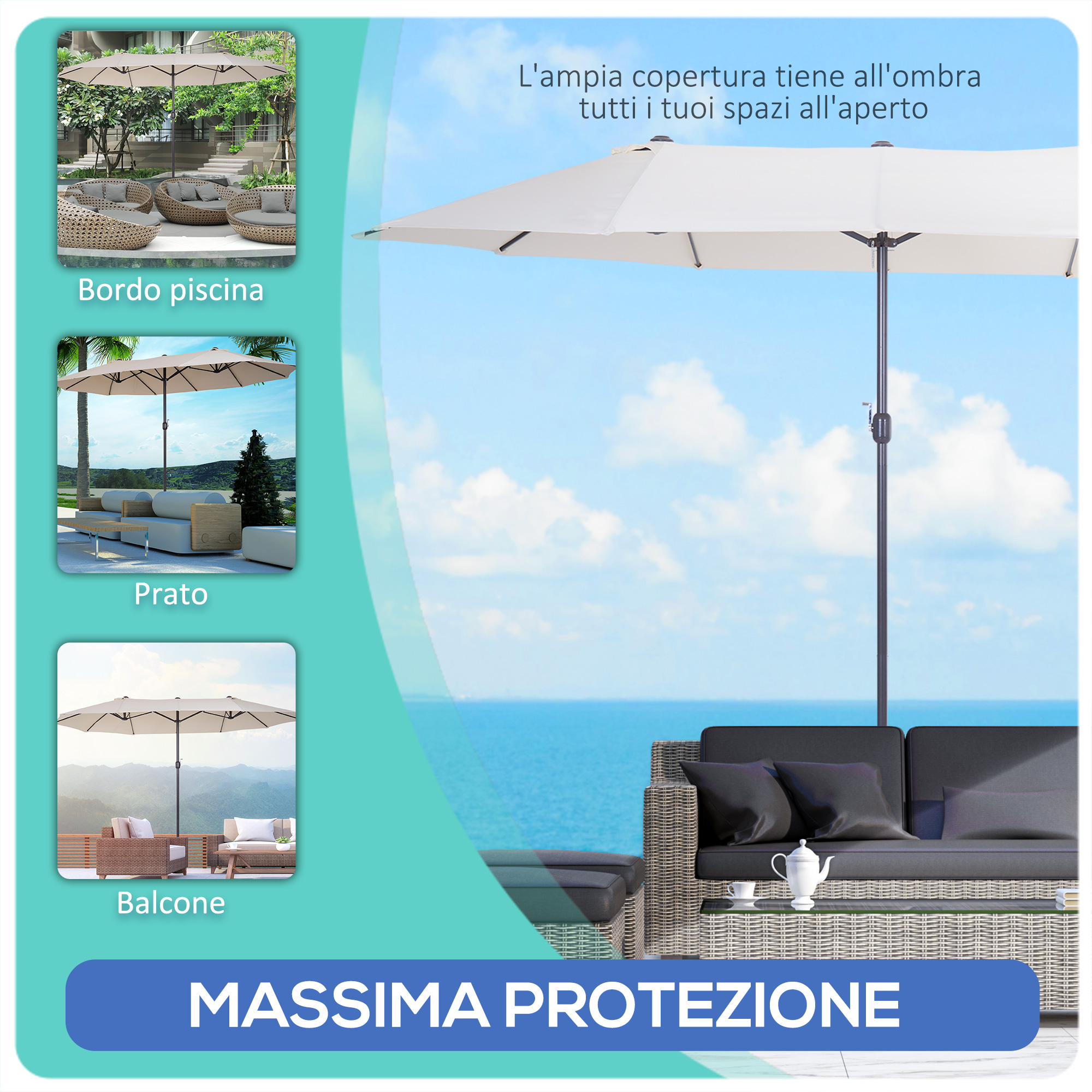 Ampia copertura parasole per esterni, con mobili da giardino e divano.