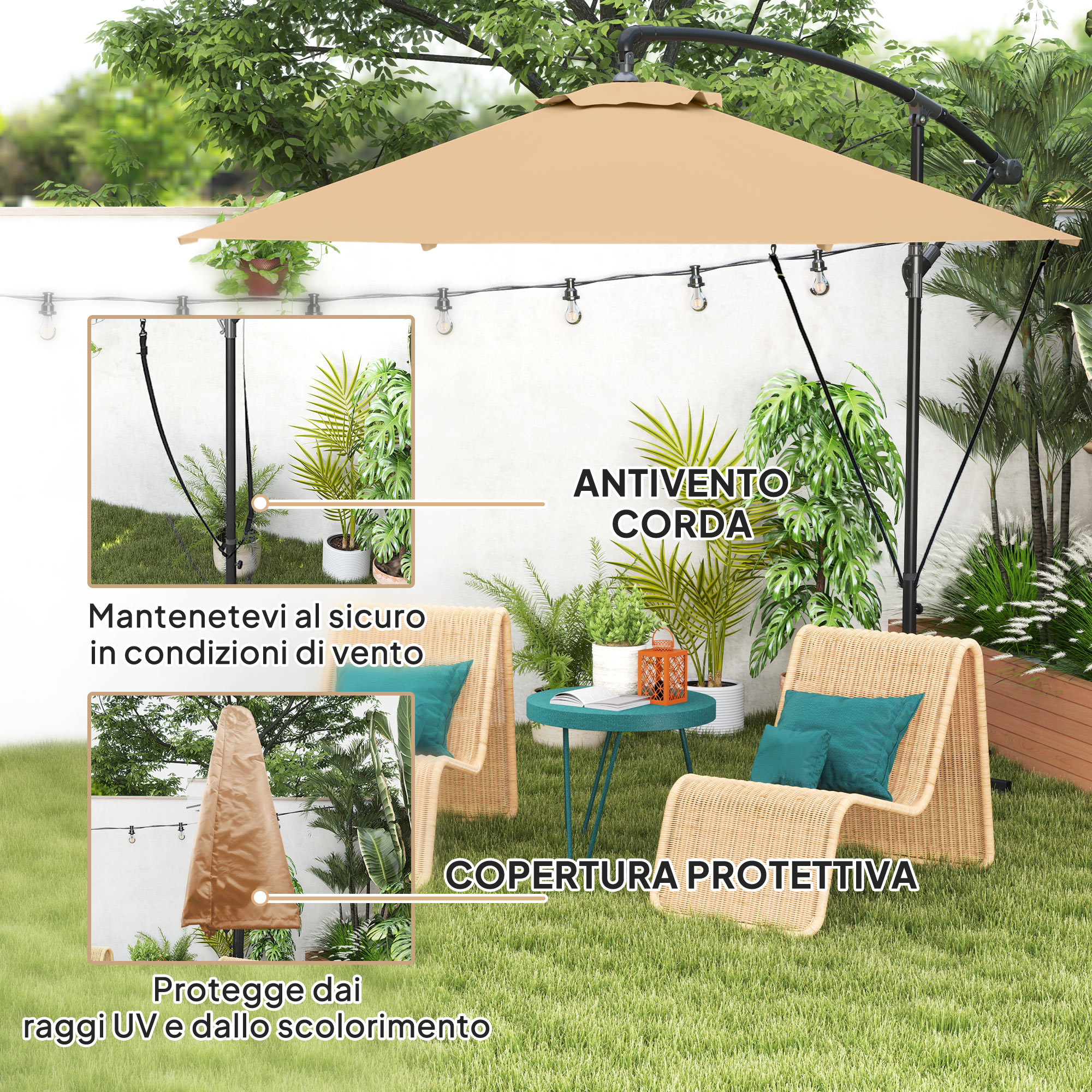 Un parasole da esterno beige con corda e copertura su prato verde.