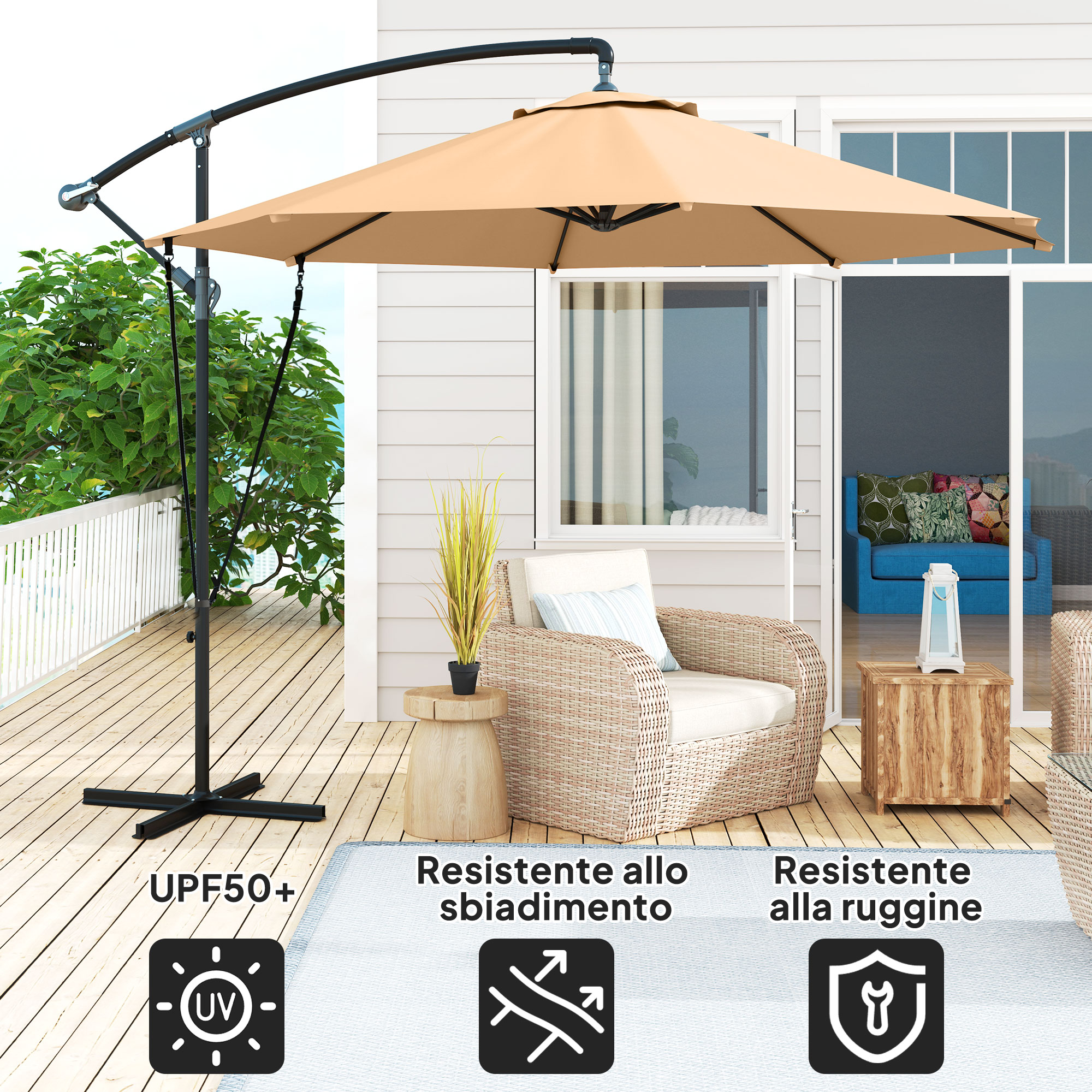 Un ombrellone a sbalzo beige su un terrazzo in legno accanto a una poltrona in vimini.