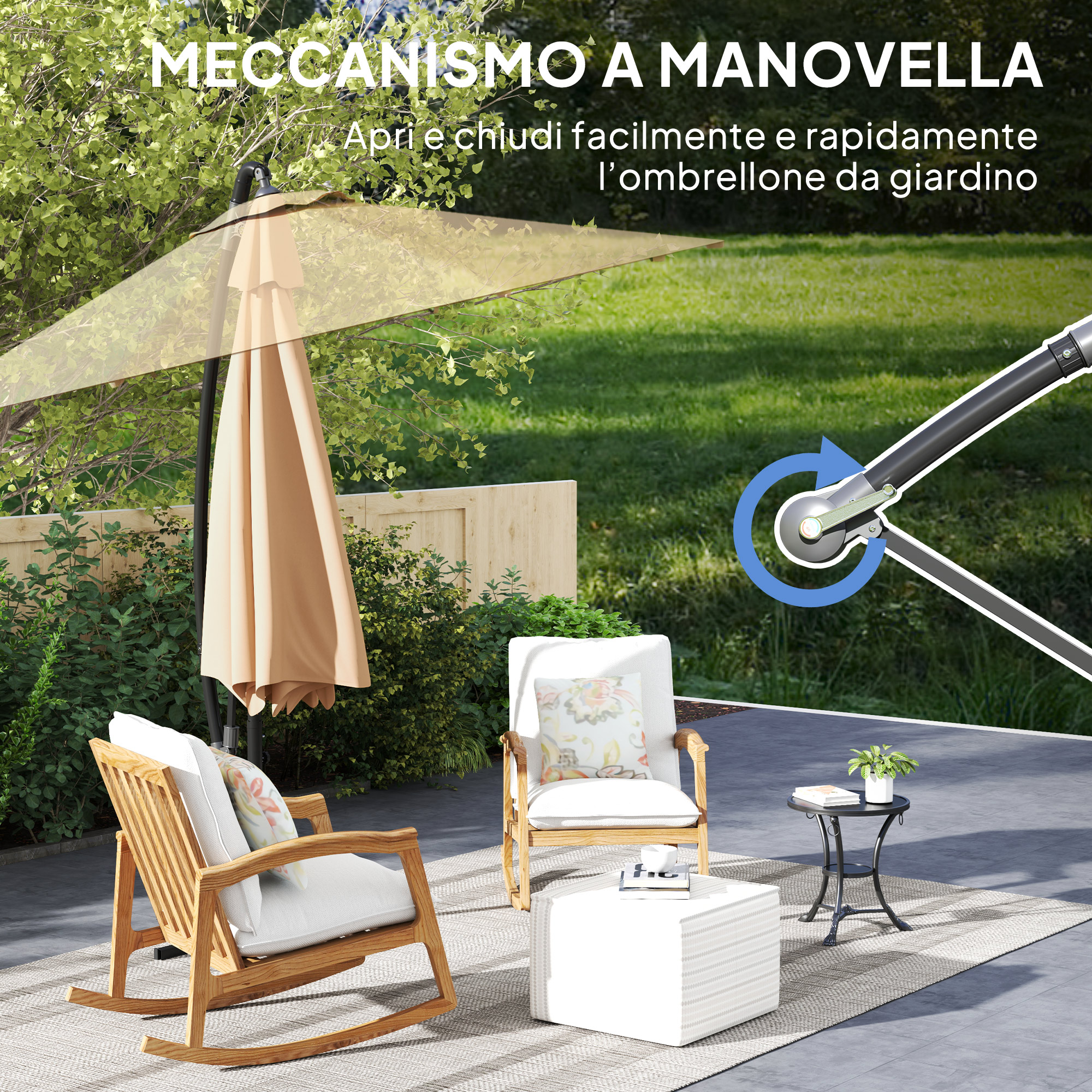 Arredo giardino con ombrellone aperto e meccanismo a manovella.