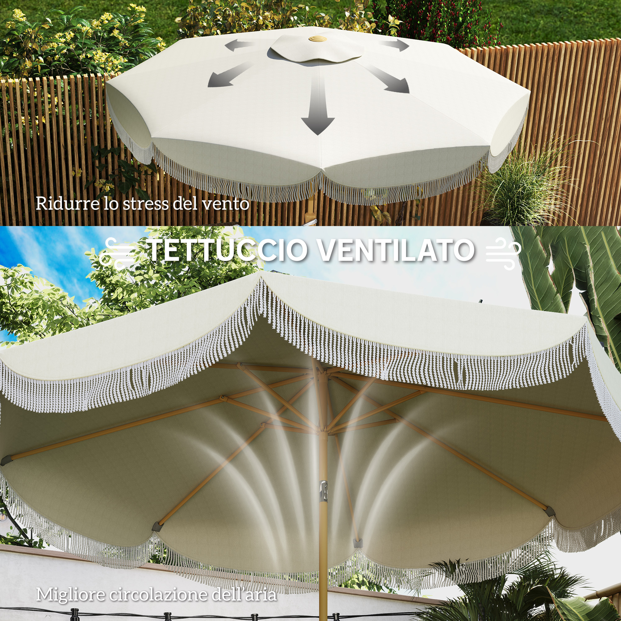Un parasol beige con frange e frecce che indicano il flusso d'aria.