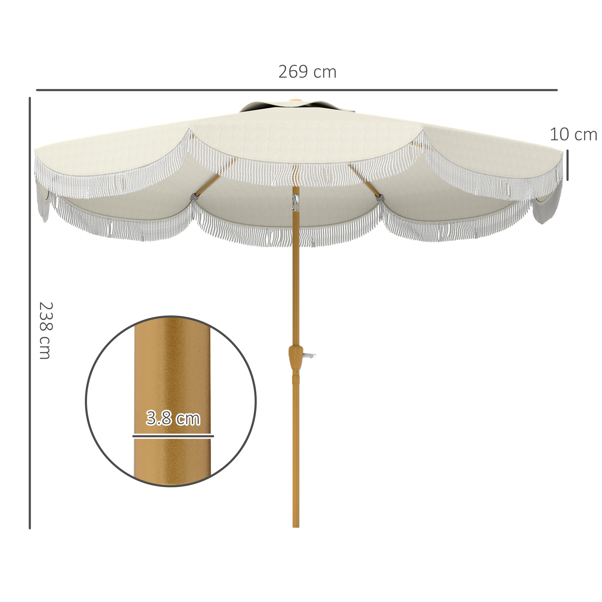 Ombrellone da esterno color crema, 269cm largo, 238cm alto, con frange e palo legno.