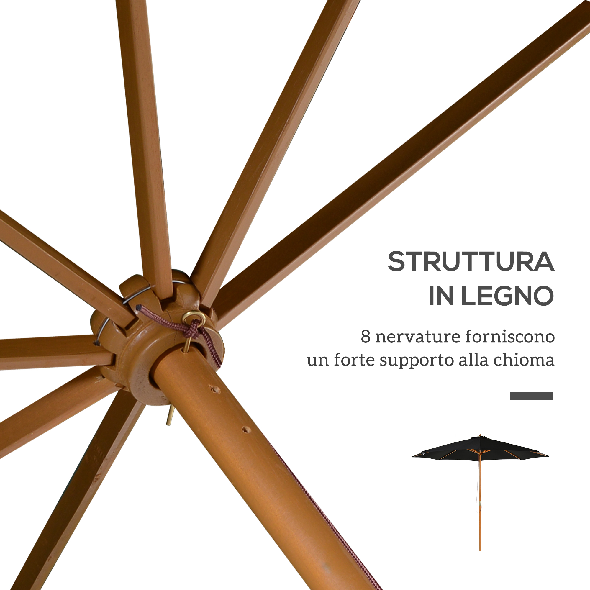 Primo piano di una struttura di ombrellone in legno con 8 stecche. Piccolo ombrello nero.