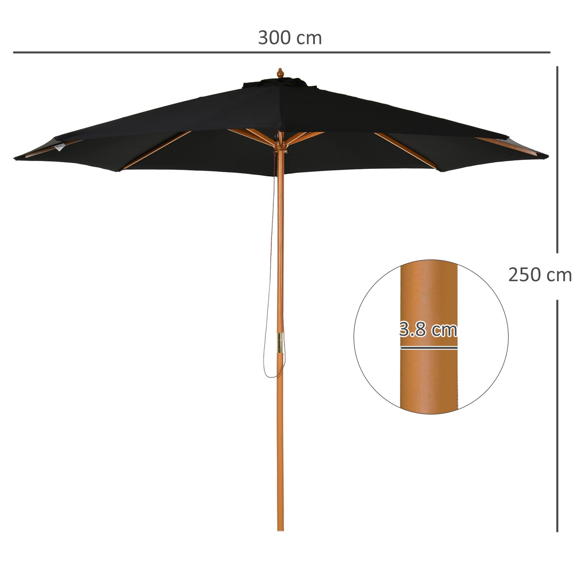 Un ombrellone nero con palo in legno, misure 300x250 cm.
