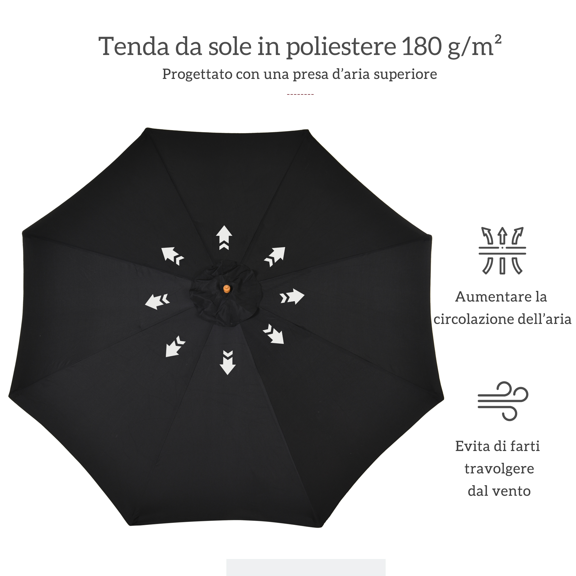 Tenda da sole nera con frecce bianche che indicano la circolazione dell'aria.