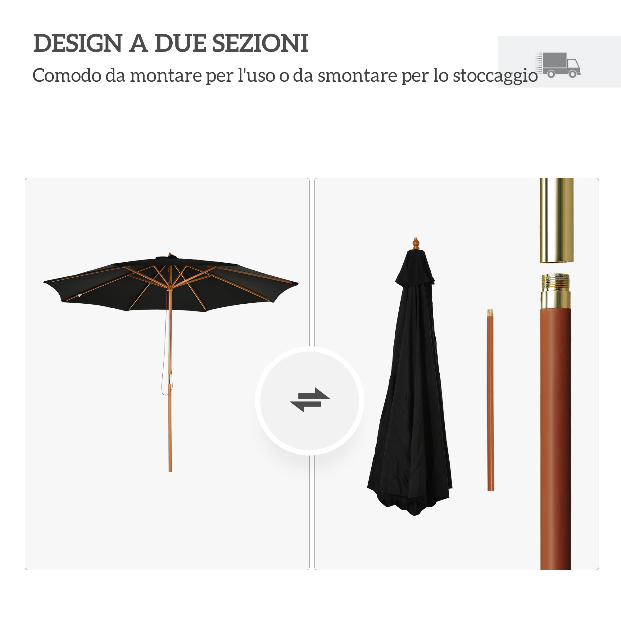 Un ombrellone nero aperto con struttura in legno, accanto a un ombrellone chiuso e ai suoi pali.