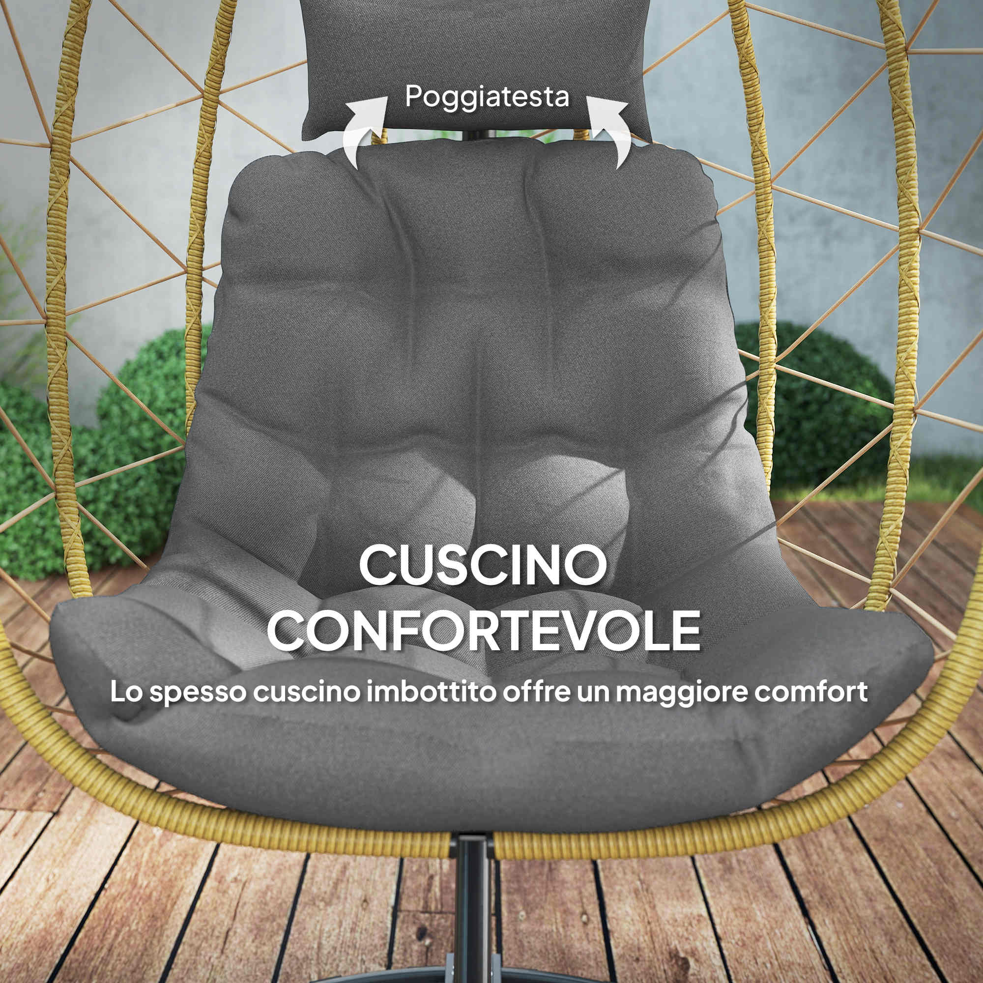 Sedia sospesa grigia con cuscino spesso e poggiatesta su deck.