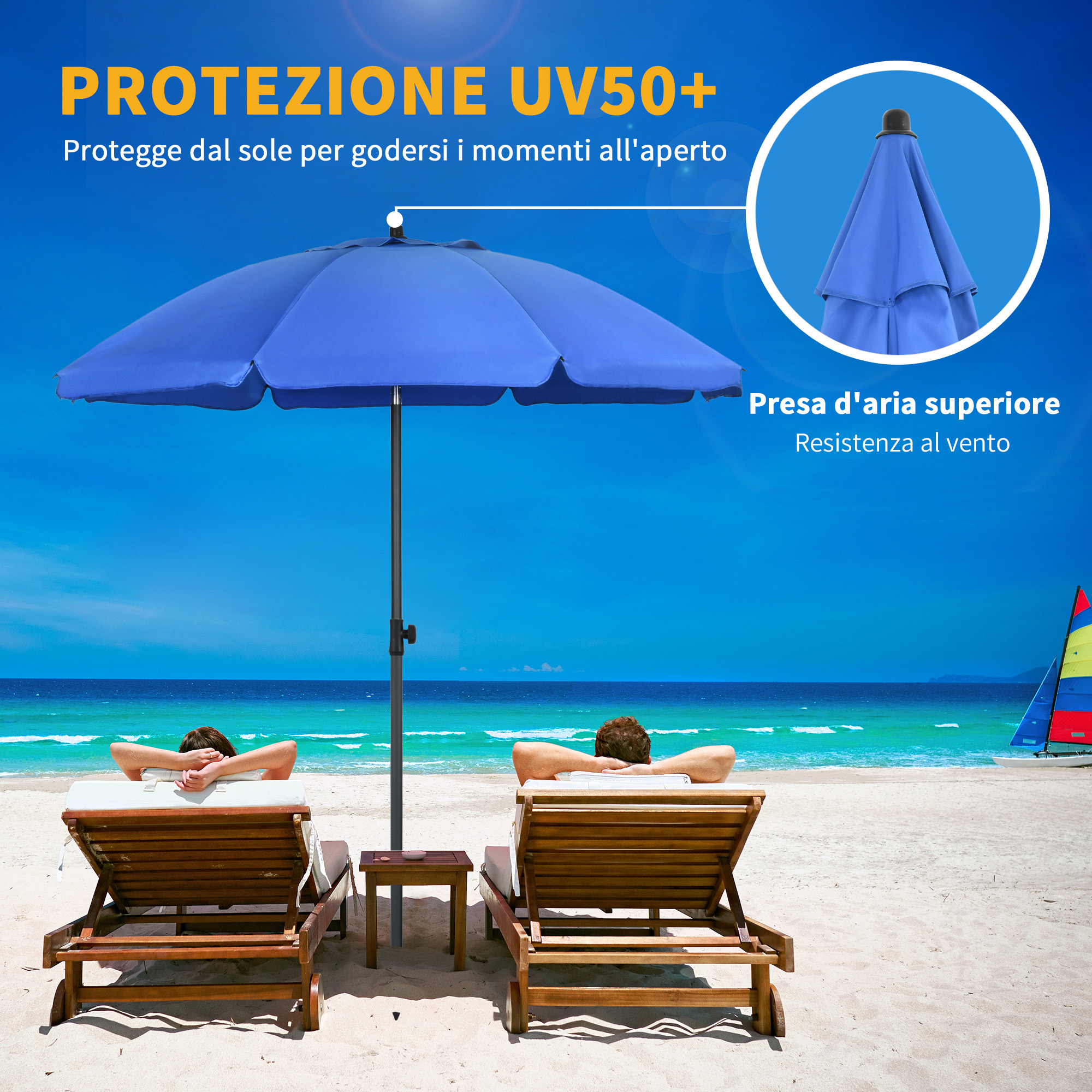 Un ombrellone blu su una spiaggia sabbiosa con due persone che si rilassano.