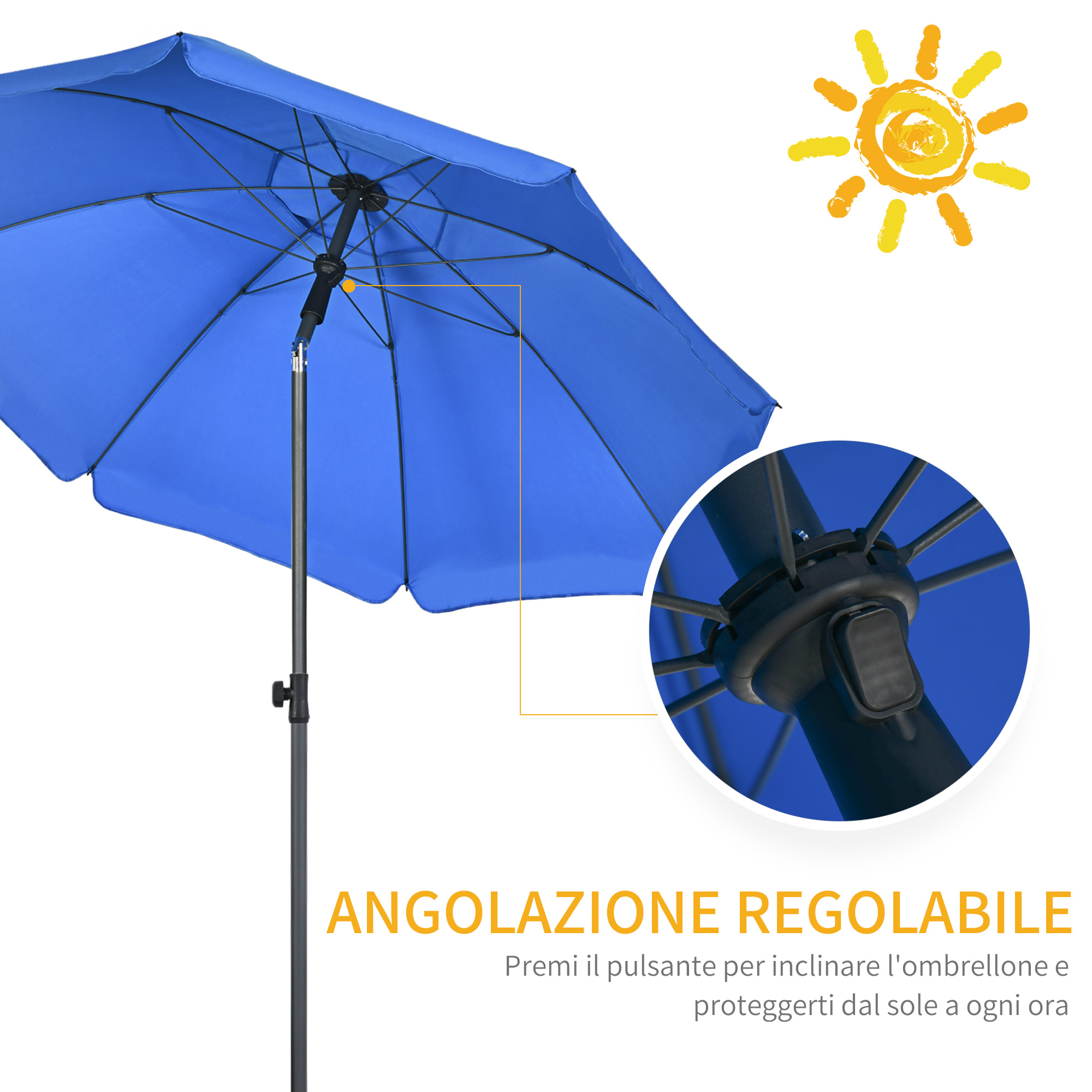 Un ombrellone blu con inclinazione regolabile e grafico del sole.