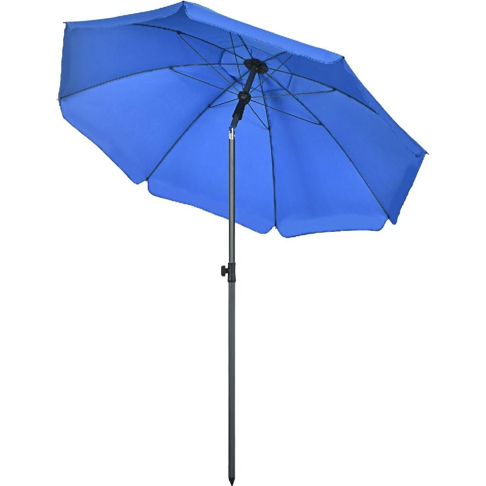 Un ombrellone blu con asta argentata si erge su sfondo bianco.
