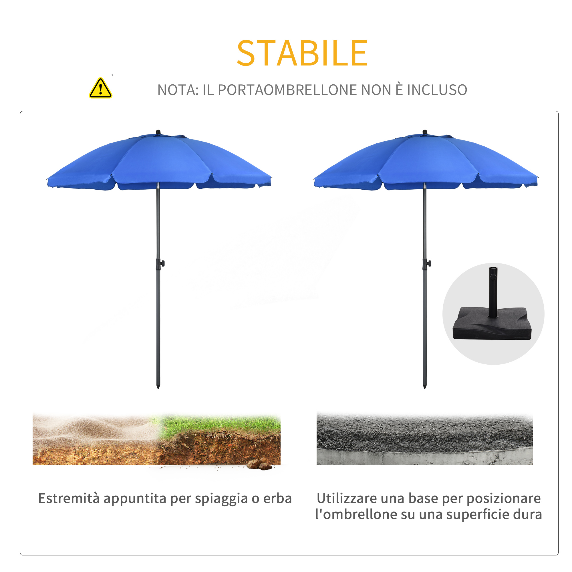 Due ombrelloni blu con estremità appuntita per spiaggia/erba e una base.