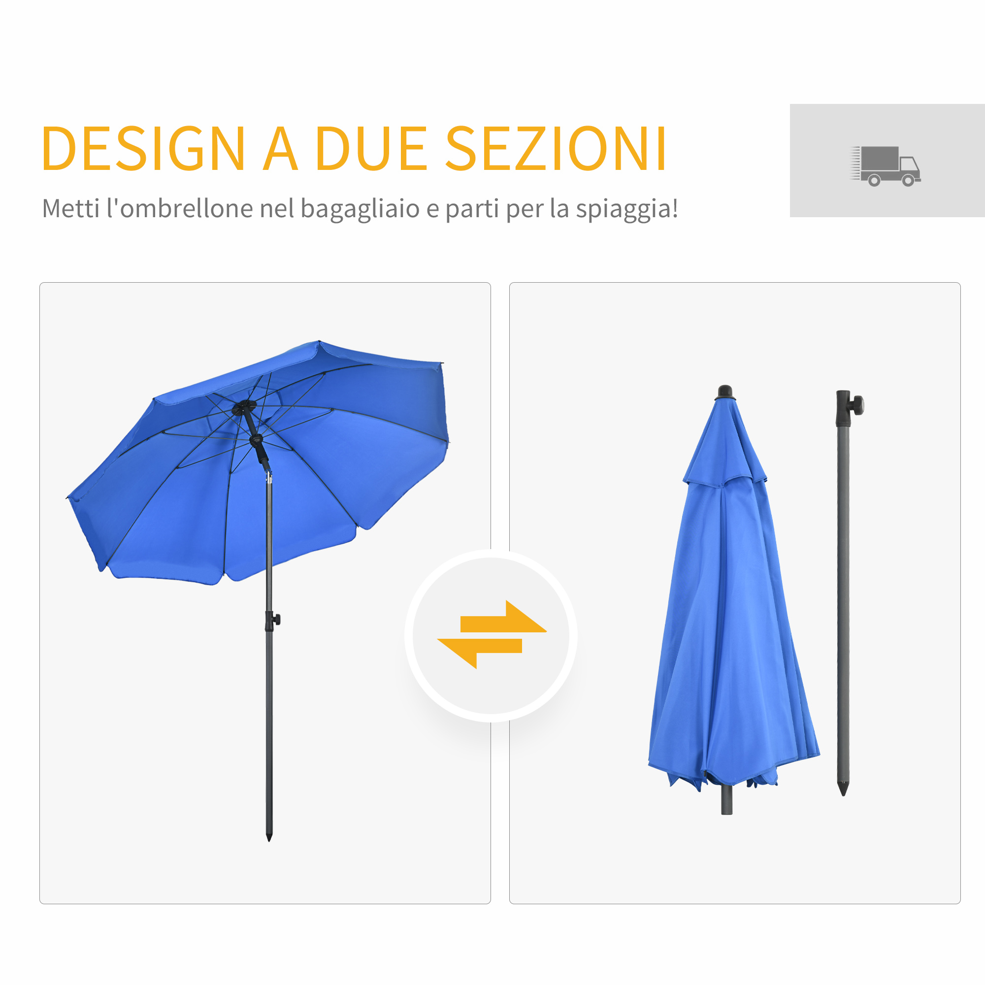 Un ombrellone blu è aperto, accanto un ombrellone chiuso con supporto.