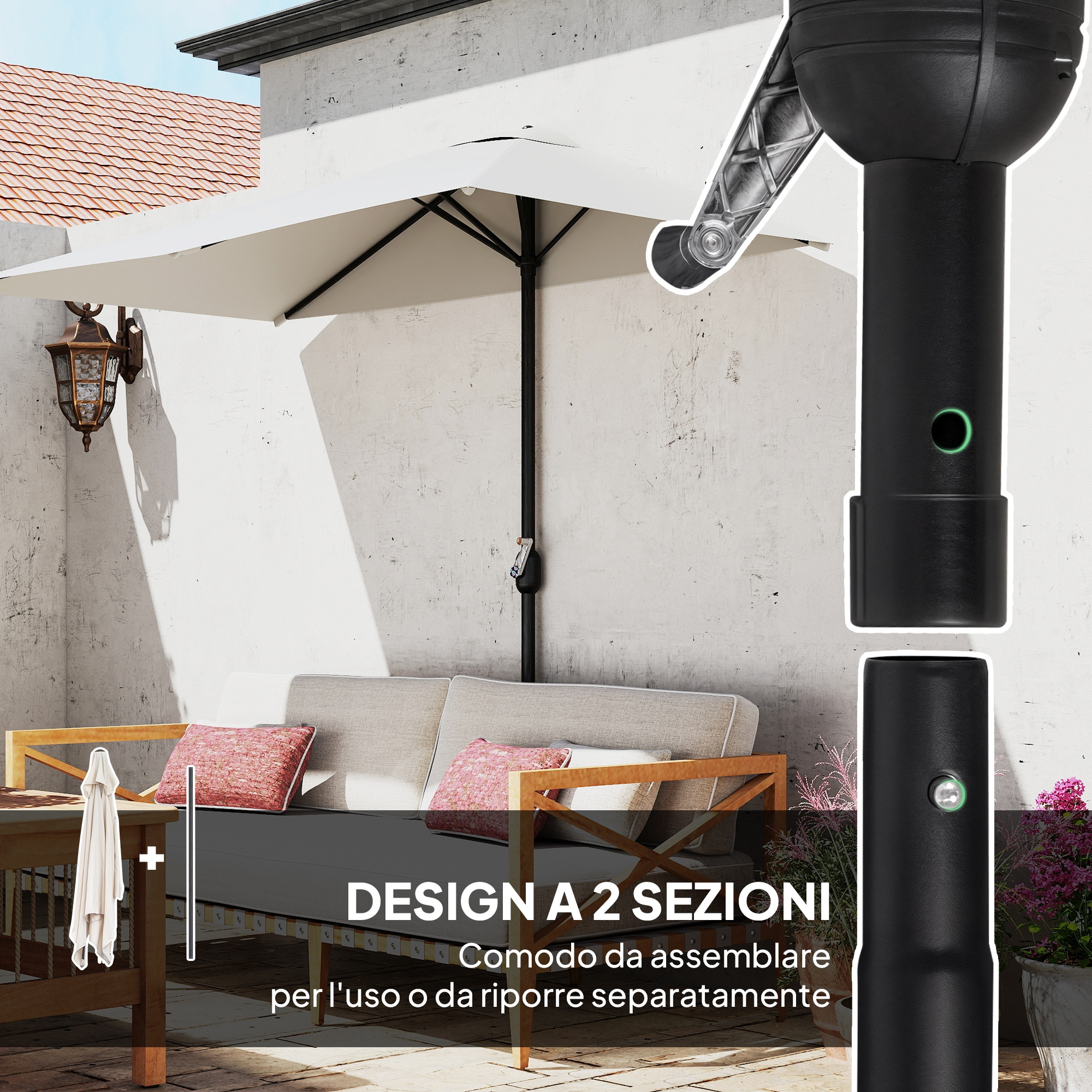 Un ombrellone bianco, divano e tavolo all'aperto.