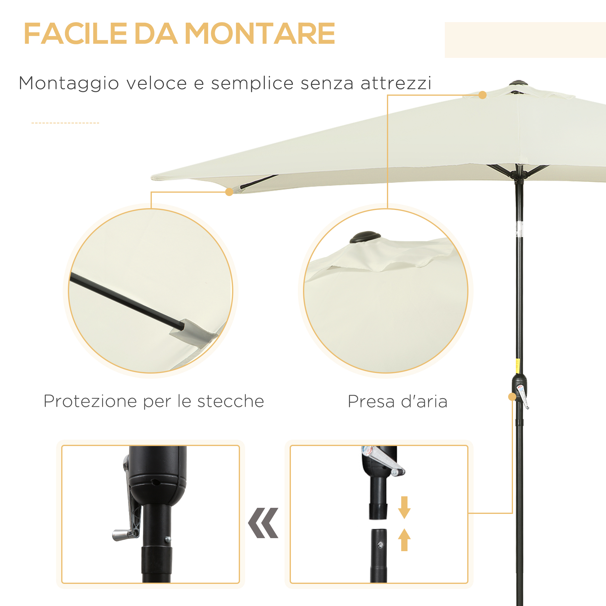 Un ombrellone color crema con istruzioni di montaggio.