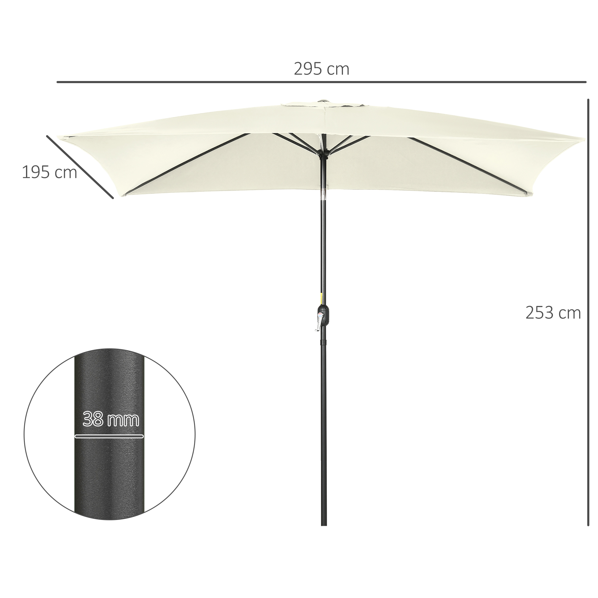 Ombrellone beige, largo 295 cm, alto 253 cm, con palo da 38 mm.