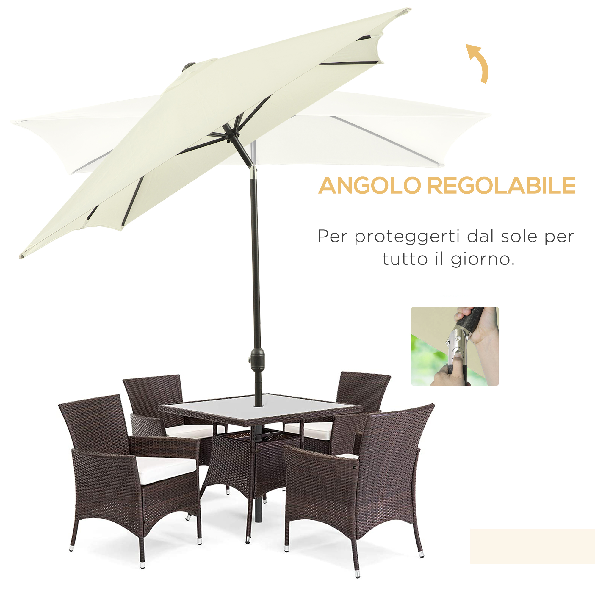 Un tavolo da giardino con quattro sedie in rattan e un ombrellone.