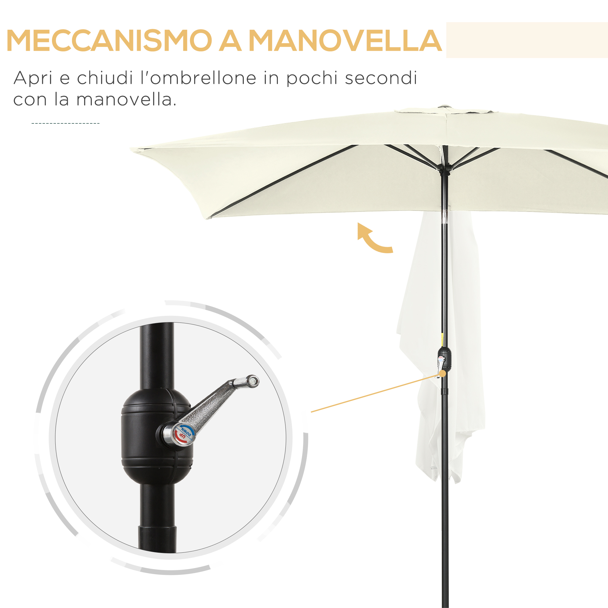 Un ombrellone color crema con struttura nera, che mostra un meccanismo a manovella.