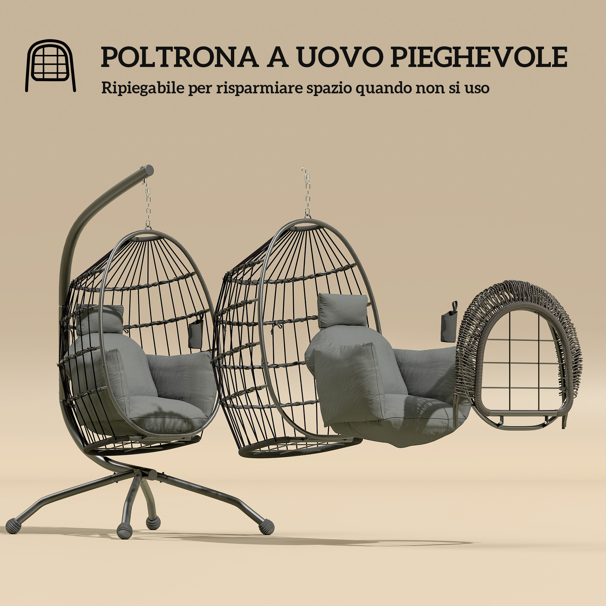 Due poltrone a uovo sospese grigie con cuscini su sfondo beige.