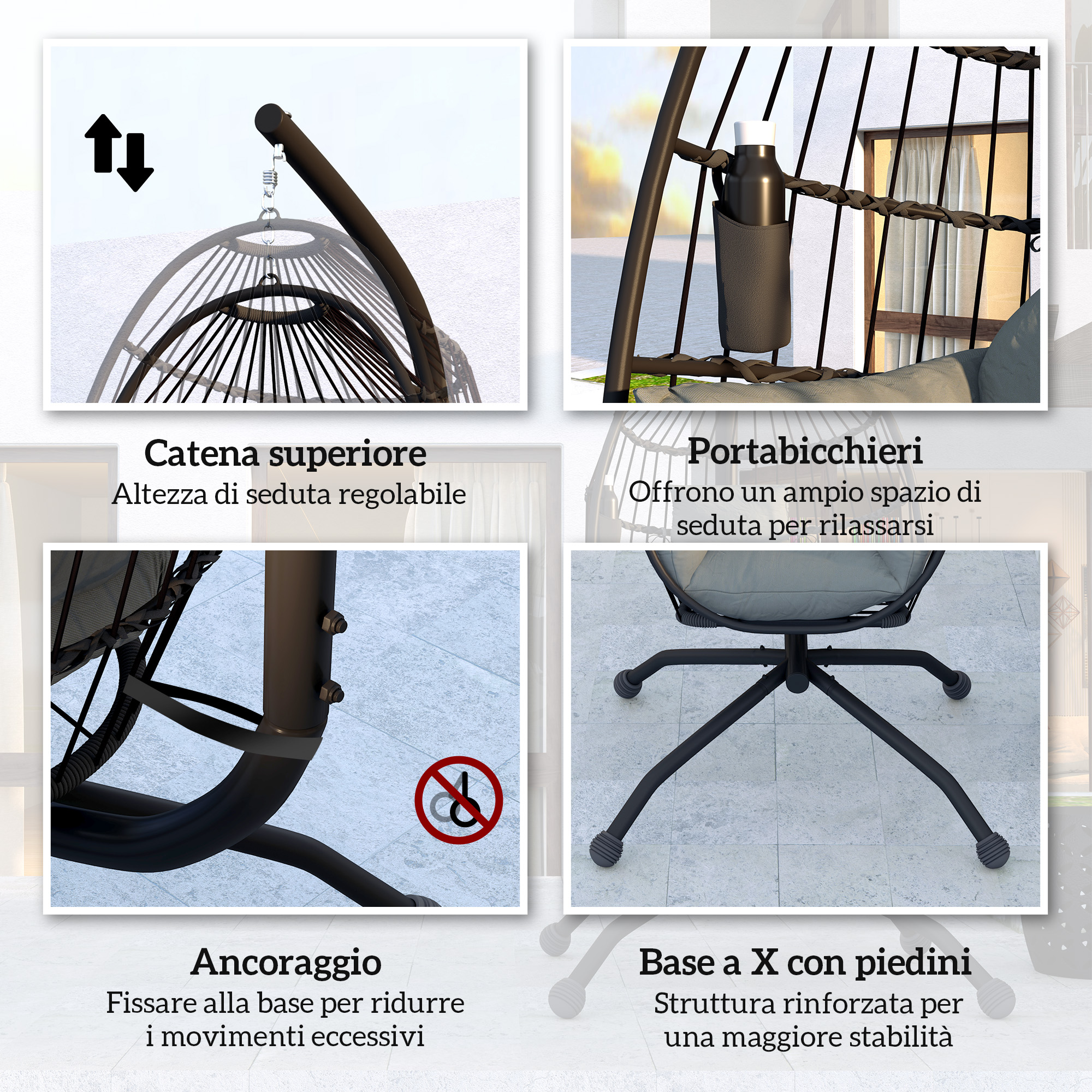Immagini mostrano dettagli sedia sospesa: catena, portabicchieri, ancoraggio e base a X.