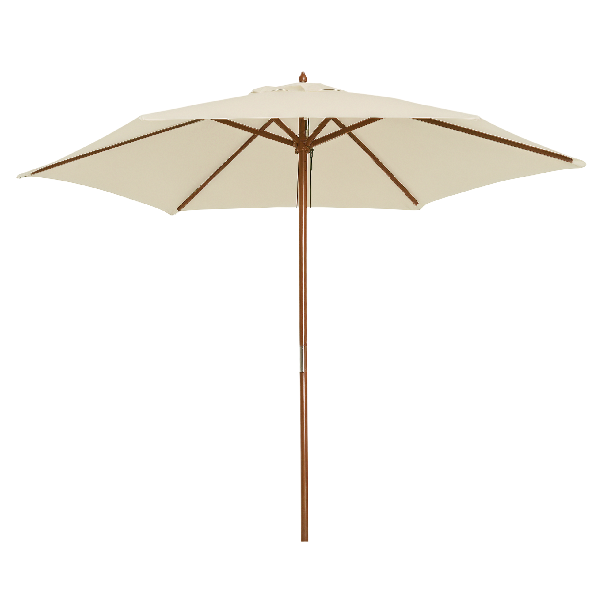 Un ombrellone beige con palo in legno, aperto su sfondo bianco.