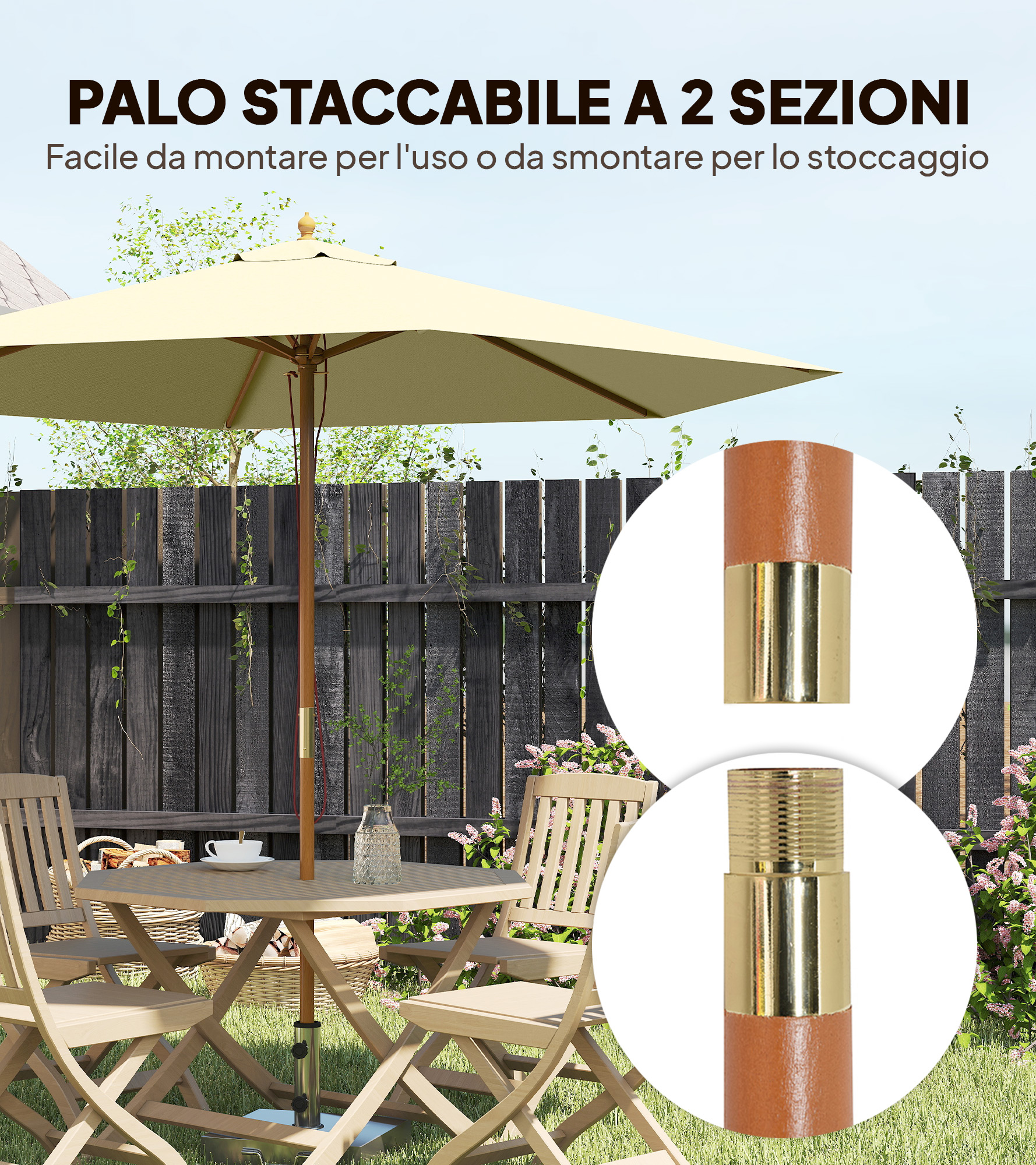 Un ombrellone con mobili in legno e una recinzione in legno in giardino.