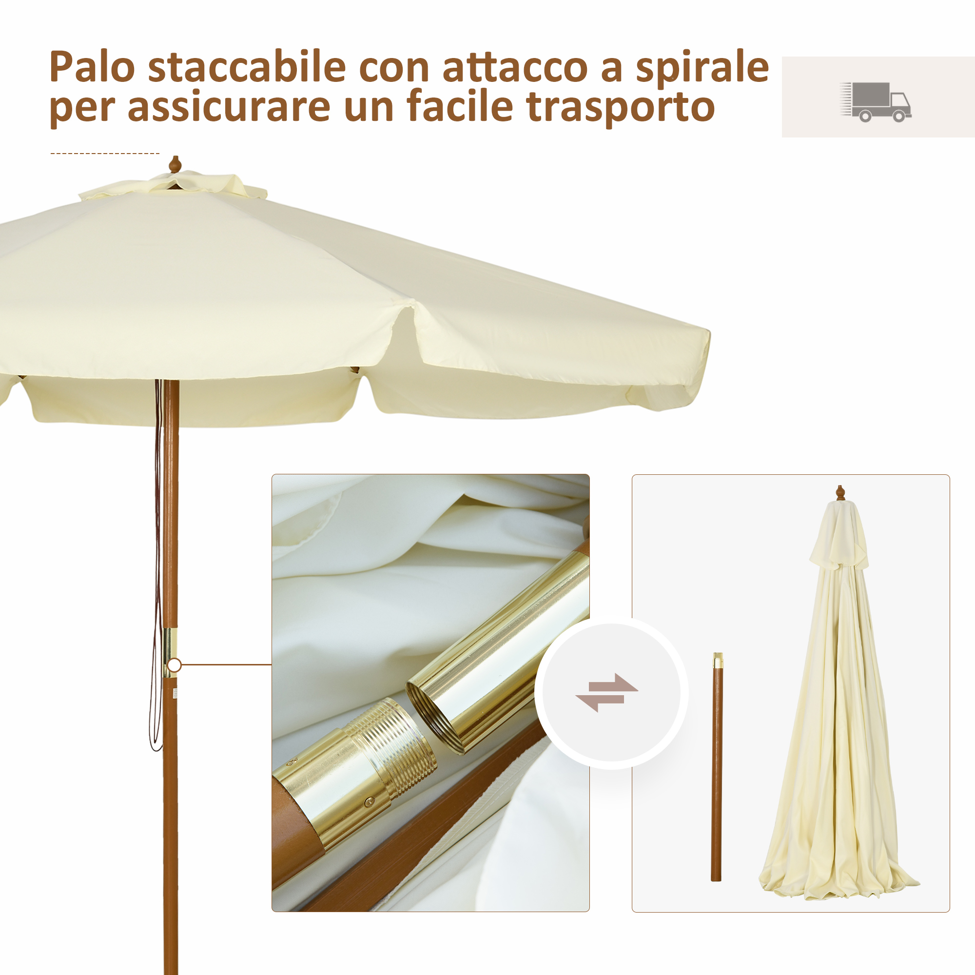 Palo staccabile con attacco a vite per facile trasporto. Ombrellone beige.