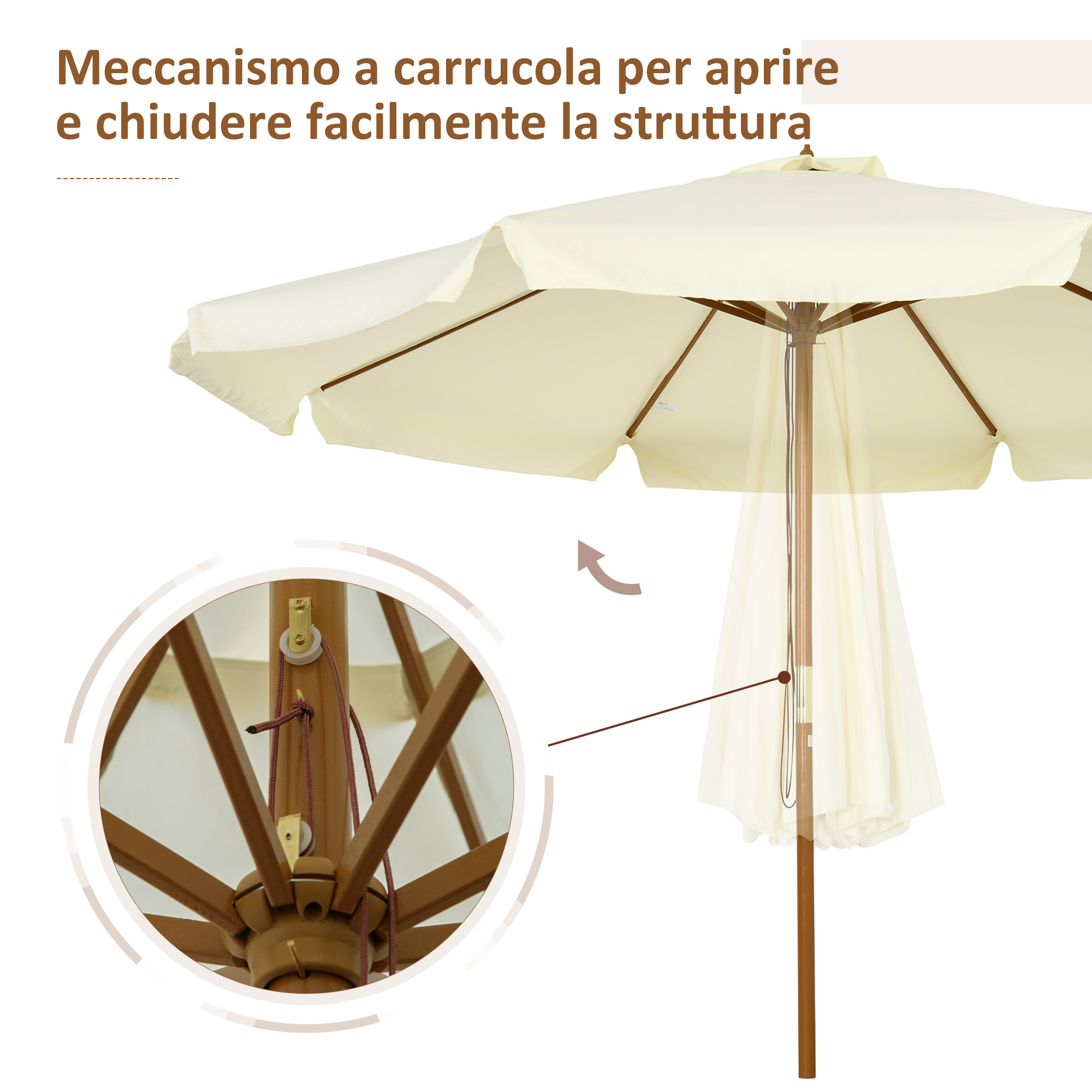 Un ombrellone color crema con struttura in legno e meccanismo a carrucola.