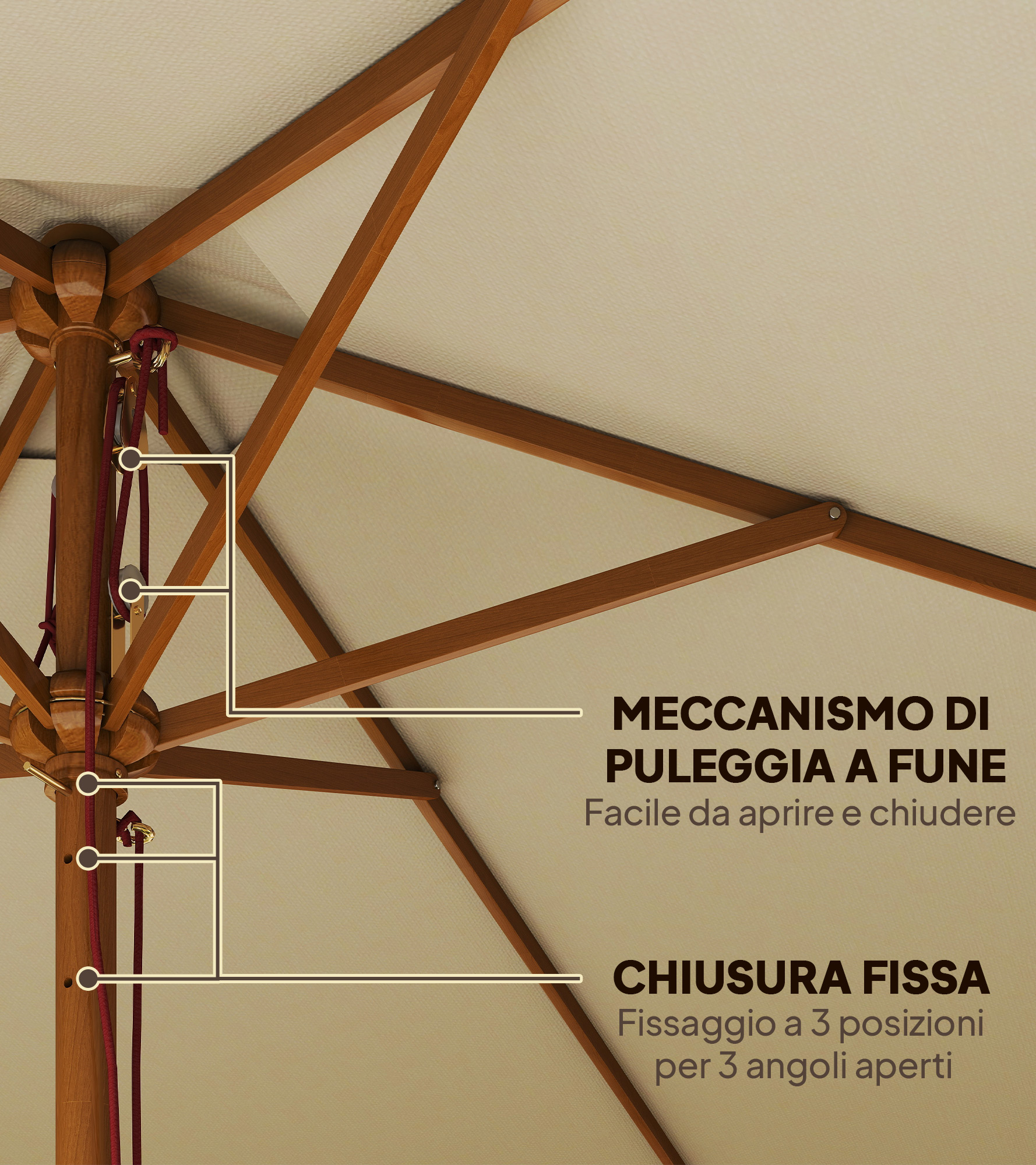 Struttura ombrellone in legno con meccanismo a fune e telo beige.