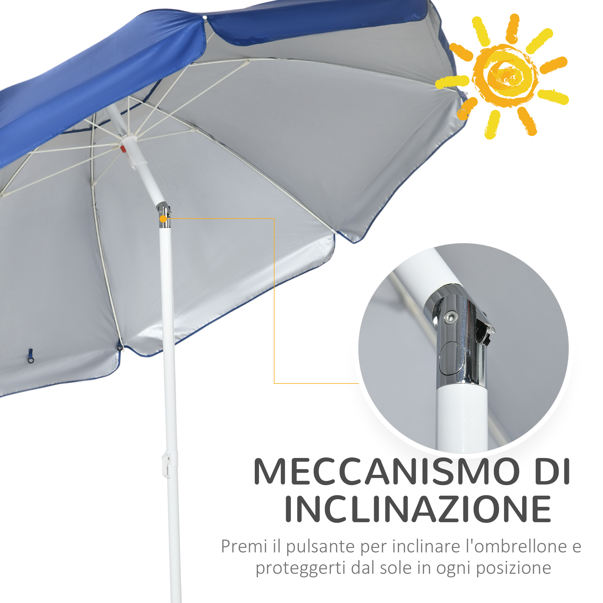 Un ombrellone blu e argento che mostra il meccanismo di inclinazione.