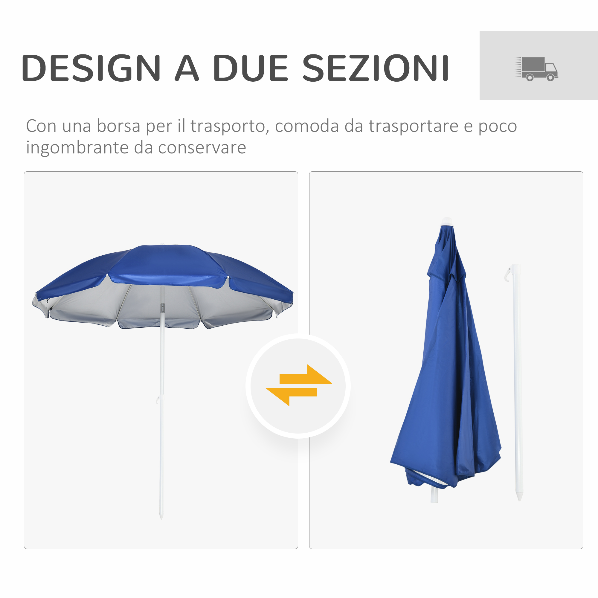 Un ombrellone blu, aperto e chiuso, con telaio e supporto bianchi.
