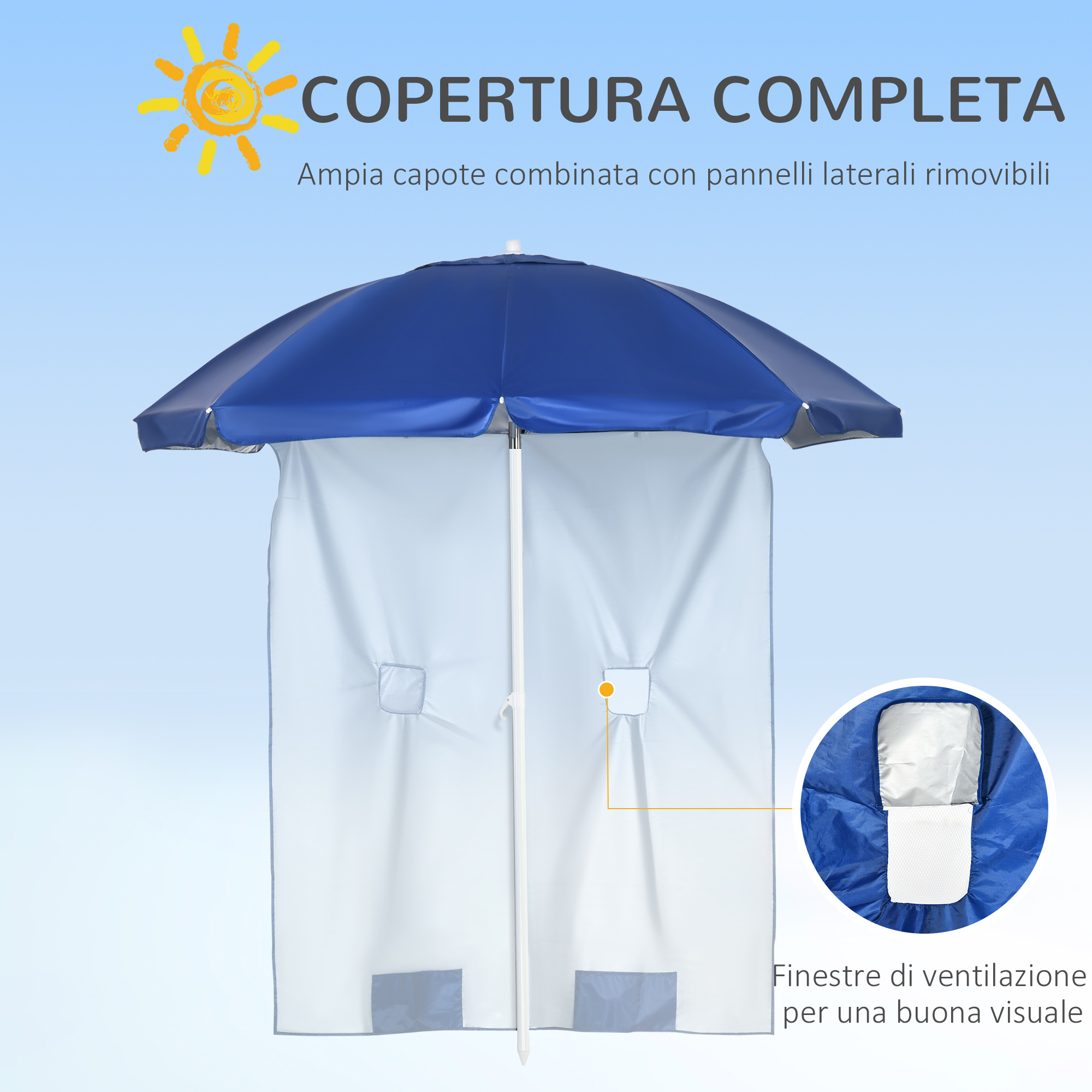 Un ombrellone blu con pareti laterali bianche e finestre di ventilazione.